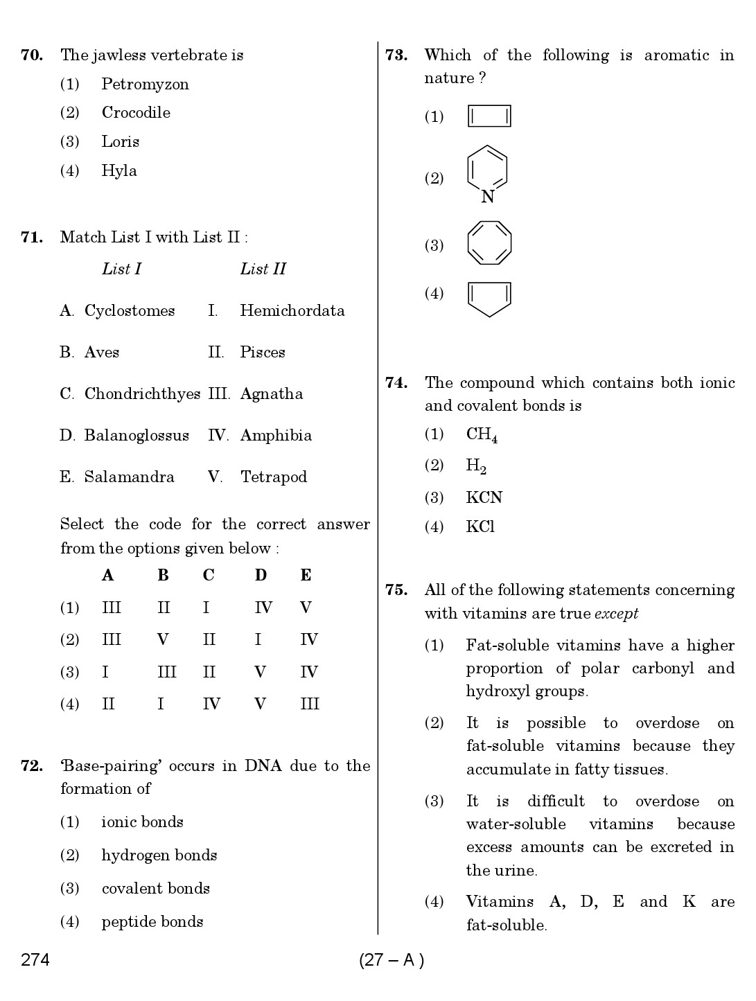Karnataka PSC Science Teacher Exam Sample Question Paper Subject code 274 27