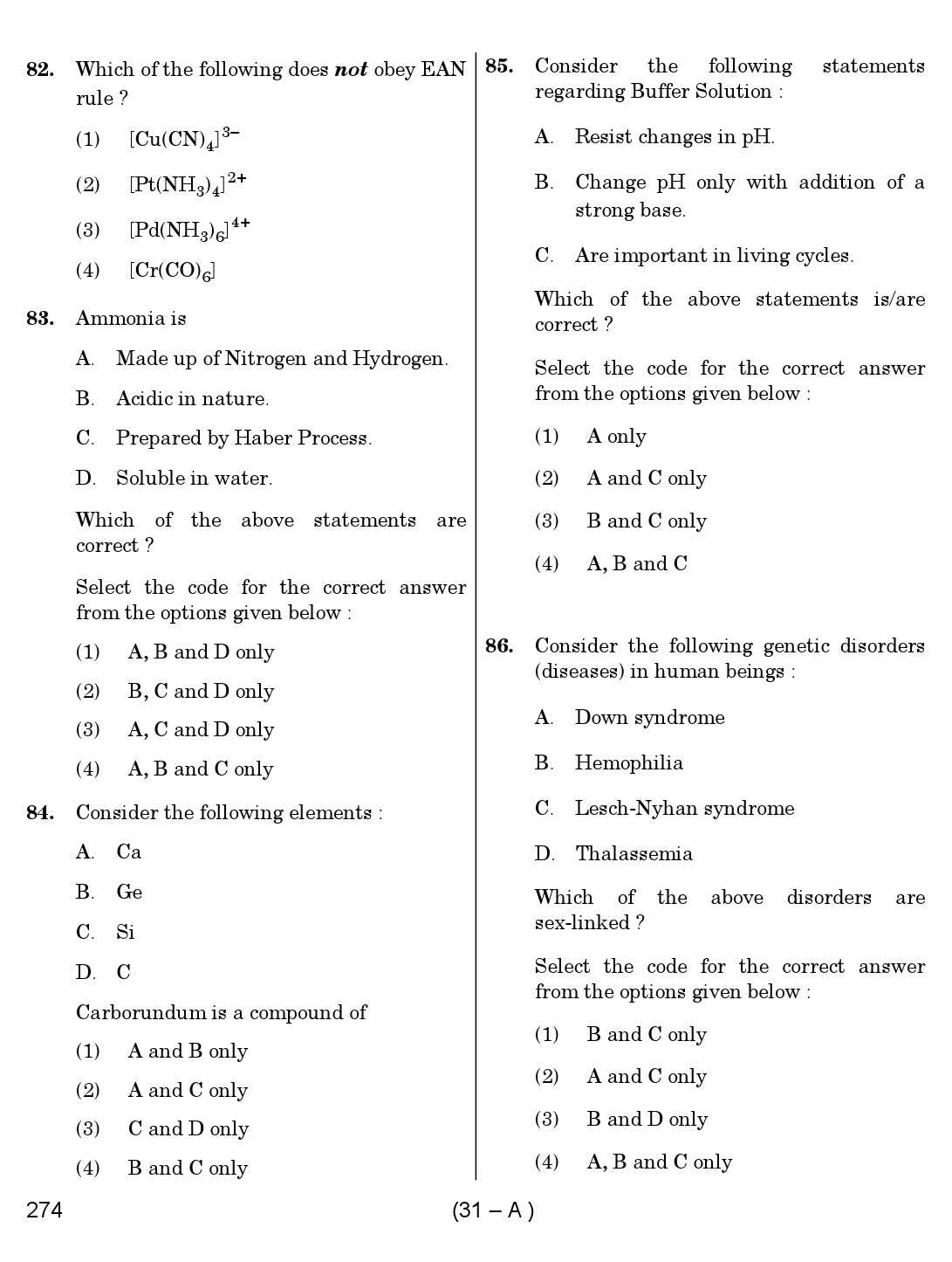 Karnataka PSC Science Teacher Exam Sample Question Paper Subject code 274 31