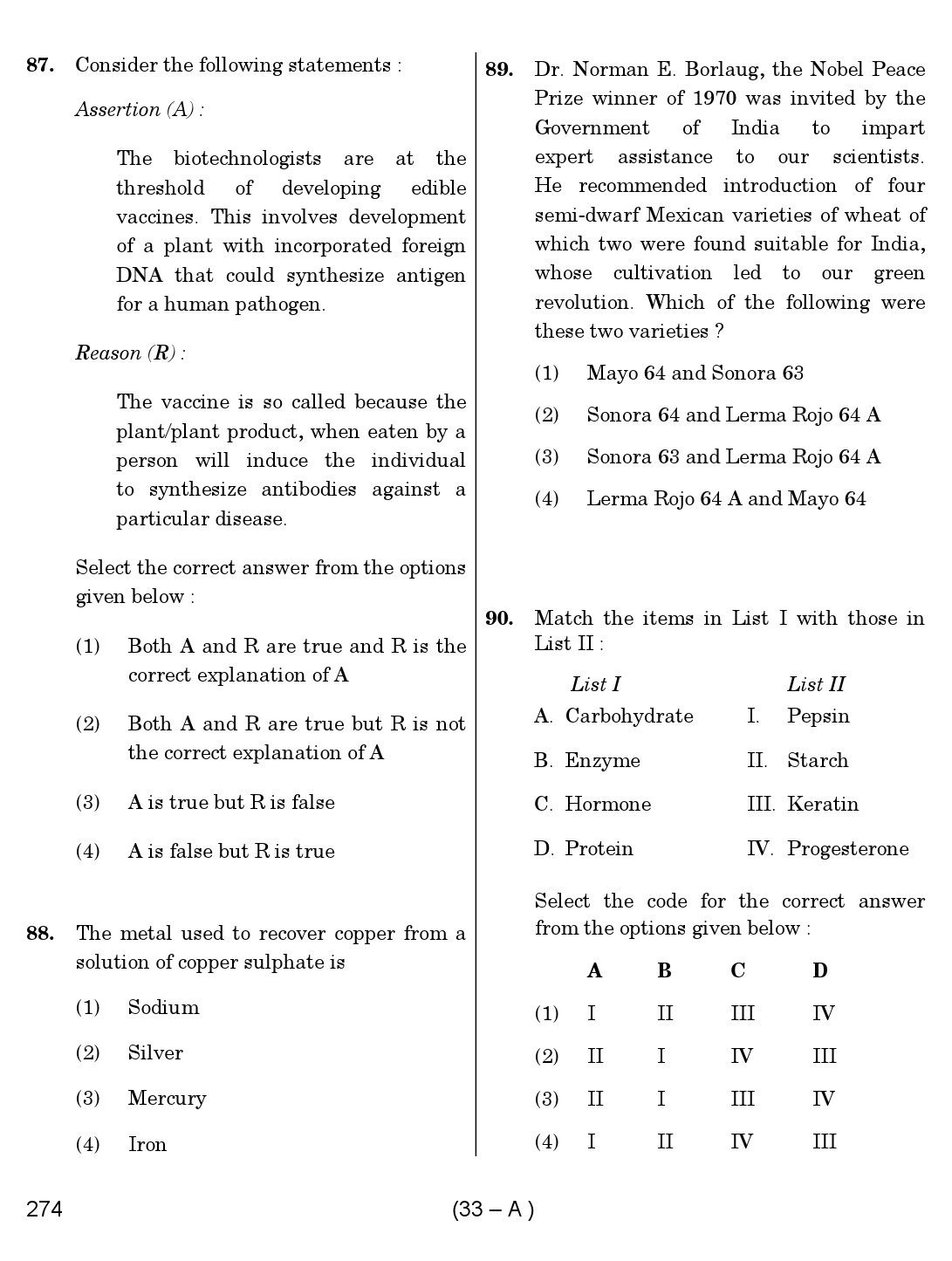Karnataka PSC Science Teacher Exam Sample Question Paper Subject code 274 33