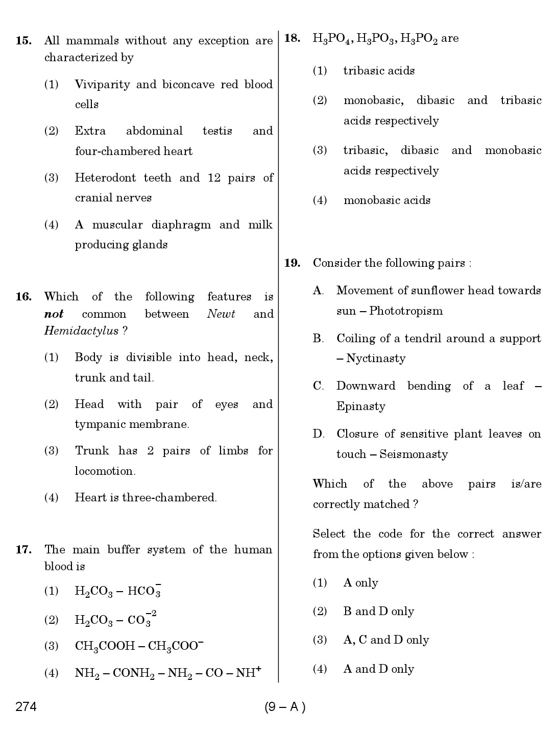 Karnataka PSC Science Teacher Exam Sample Question Paper Subject code 274 9