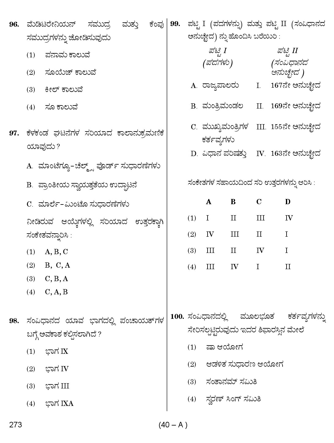 Karnataka PSC Social Science Teacher Exam Sample Question Paper Subject code 273 40