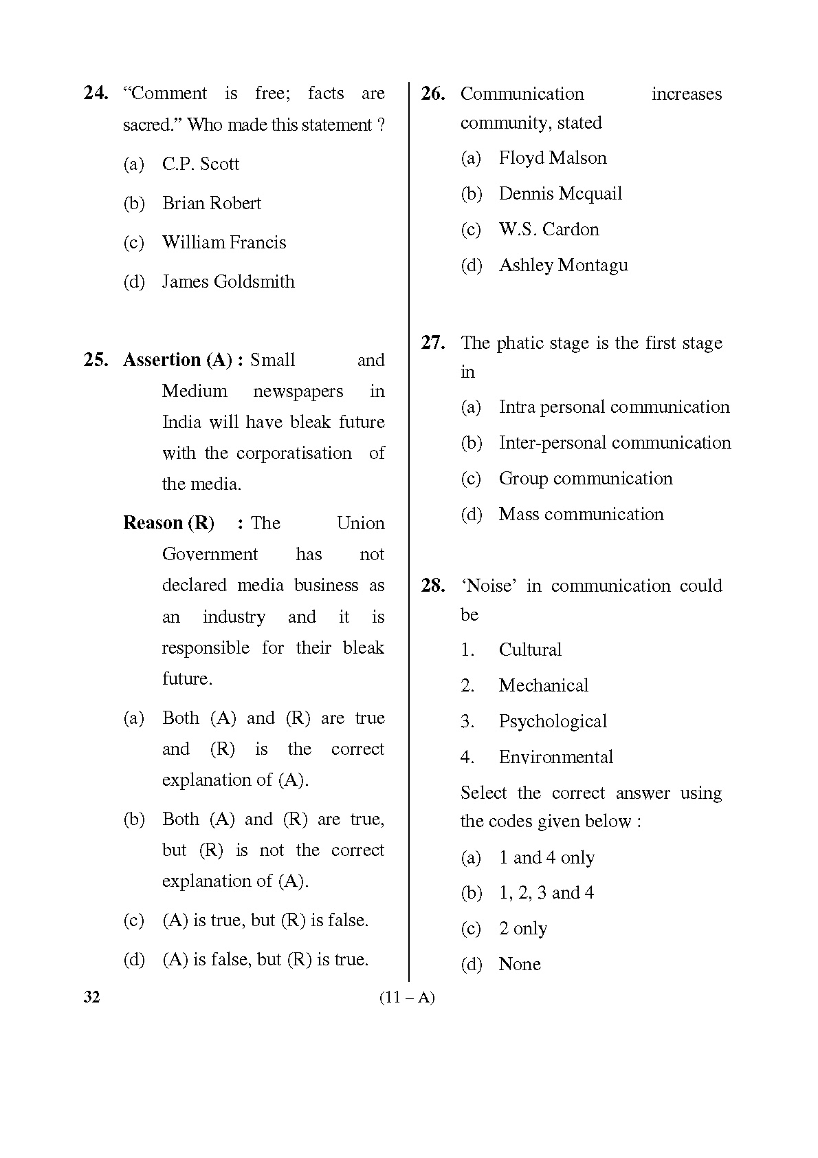 Karnataka PSC Social Science Teacher Exam Sample Question Paper Subject code 32 11