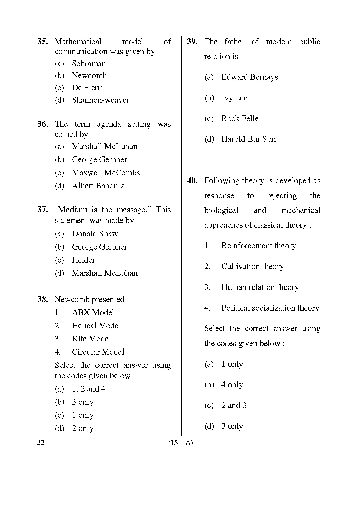 Karnataka PSC Social Science Teacher Exam Sample Question Paper Subject code 32 15