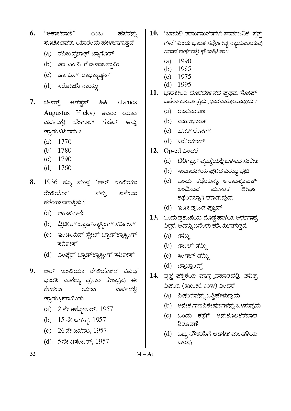 Karnataka PSC Social Science Teacher Exam Sample Question Paper Subject code 32 4