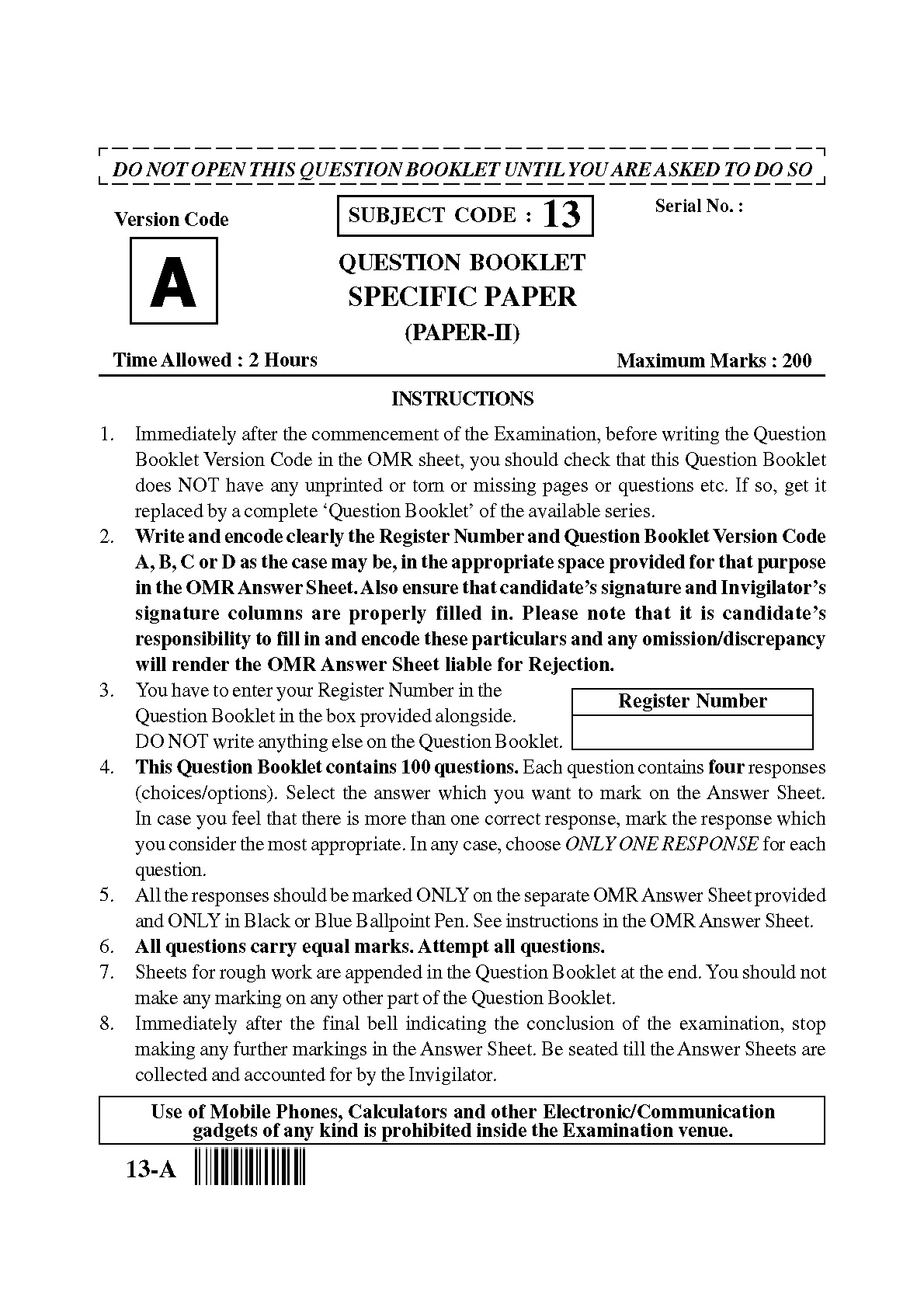 Karnataka PSC Urdu Teacher Exam Sample Question Paper Subject code 13 1