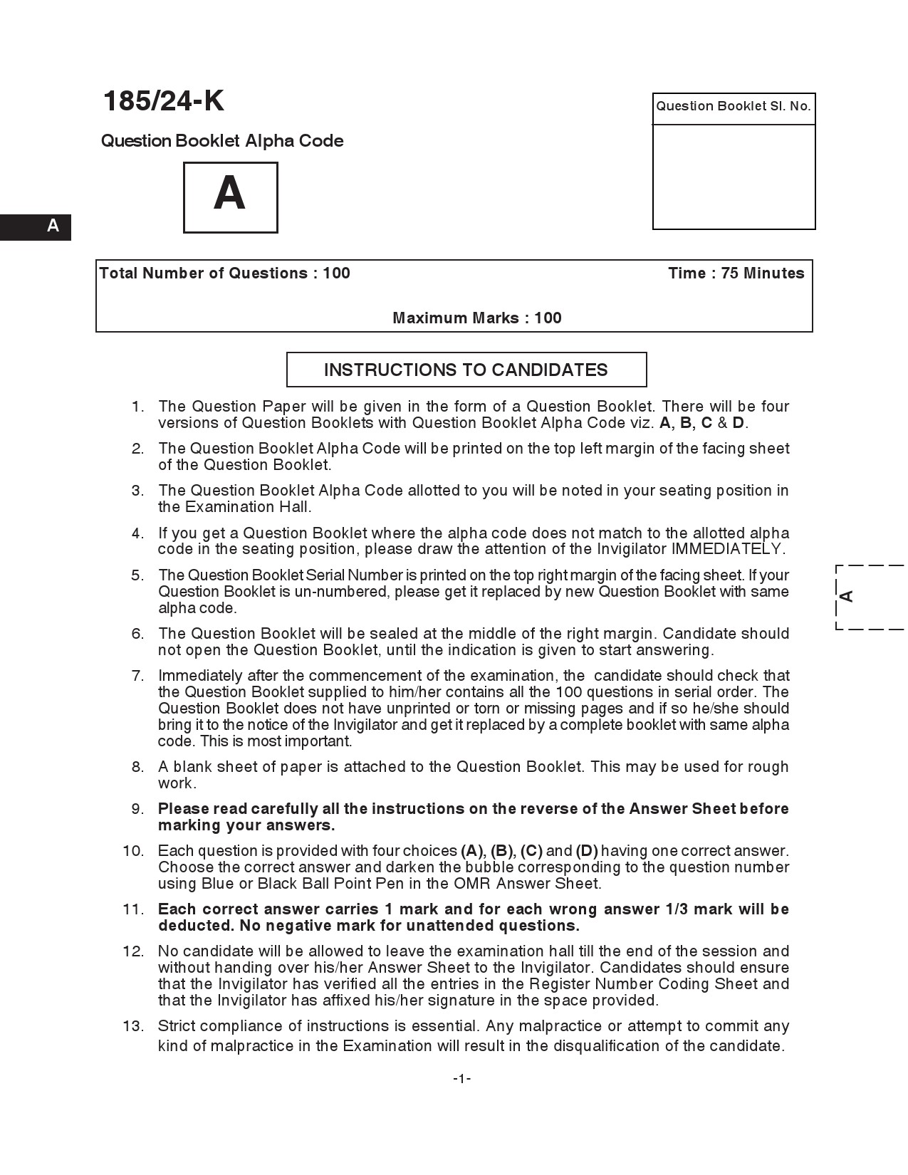 KPSC 10th level Common Preliminary Kannada Exam 2024 Code 1852024 K 1