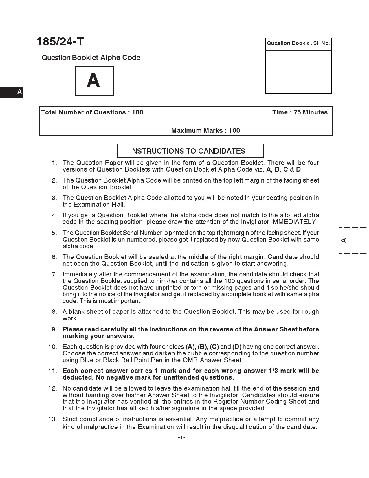 KPSC 10th level Common Preliminary Tamil Exam 2024 Code 1852024 T 1