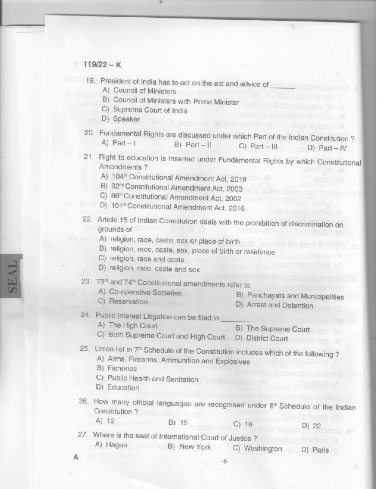 KPSC Assistant Jailor Grade I Kannada Exam 2022 Code 1192022 6