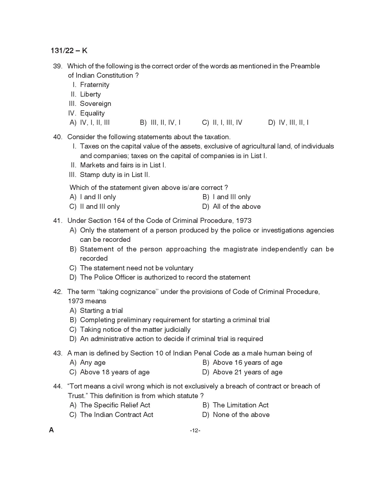 KPSC Assistant Degree Level Main Examination Kannada 2022 Code 1312022 12