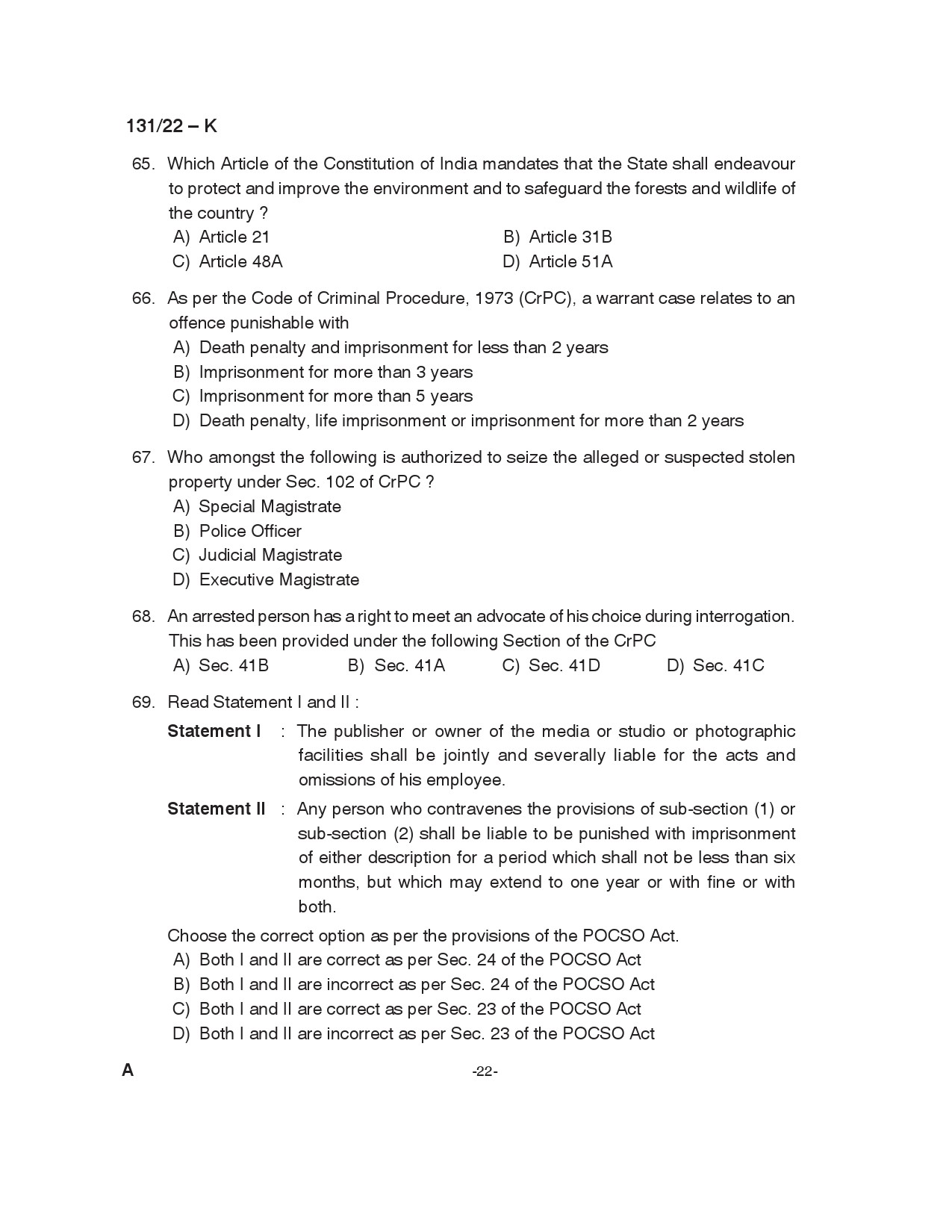 KPSC Assistant Degree Level Main Examination Kannada 2022 Code 1312022 22