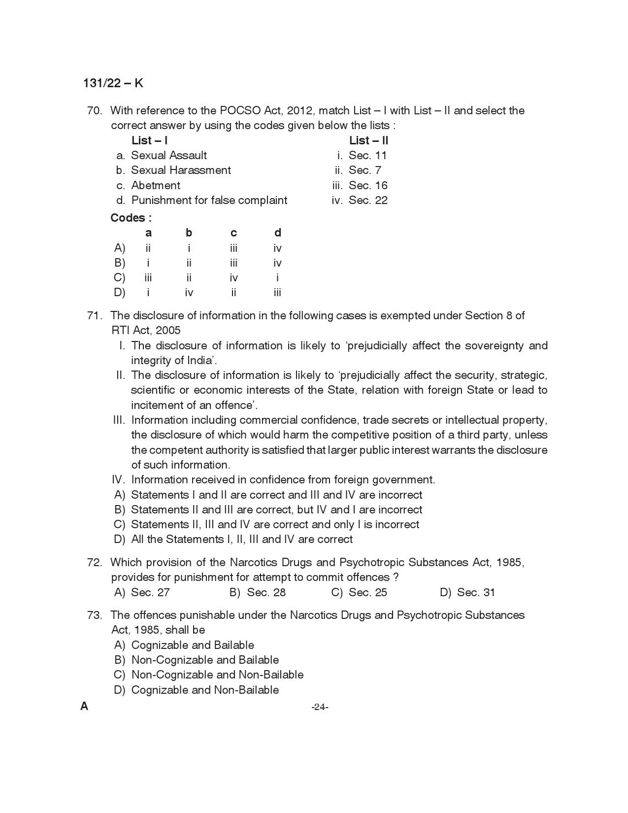 KPSC Assistant Degree Level Main Examination Kannada 2022 Code 1312022 24