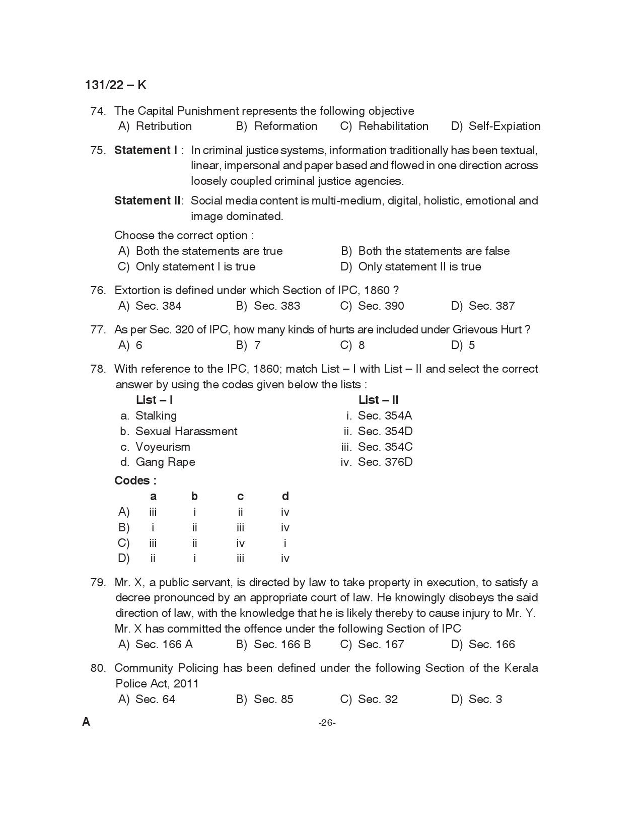 KPSC Assistant Degree Level Main Examination Kannada 2022 Code 1312022 26