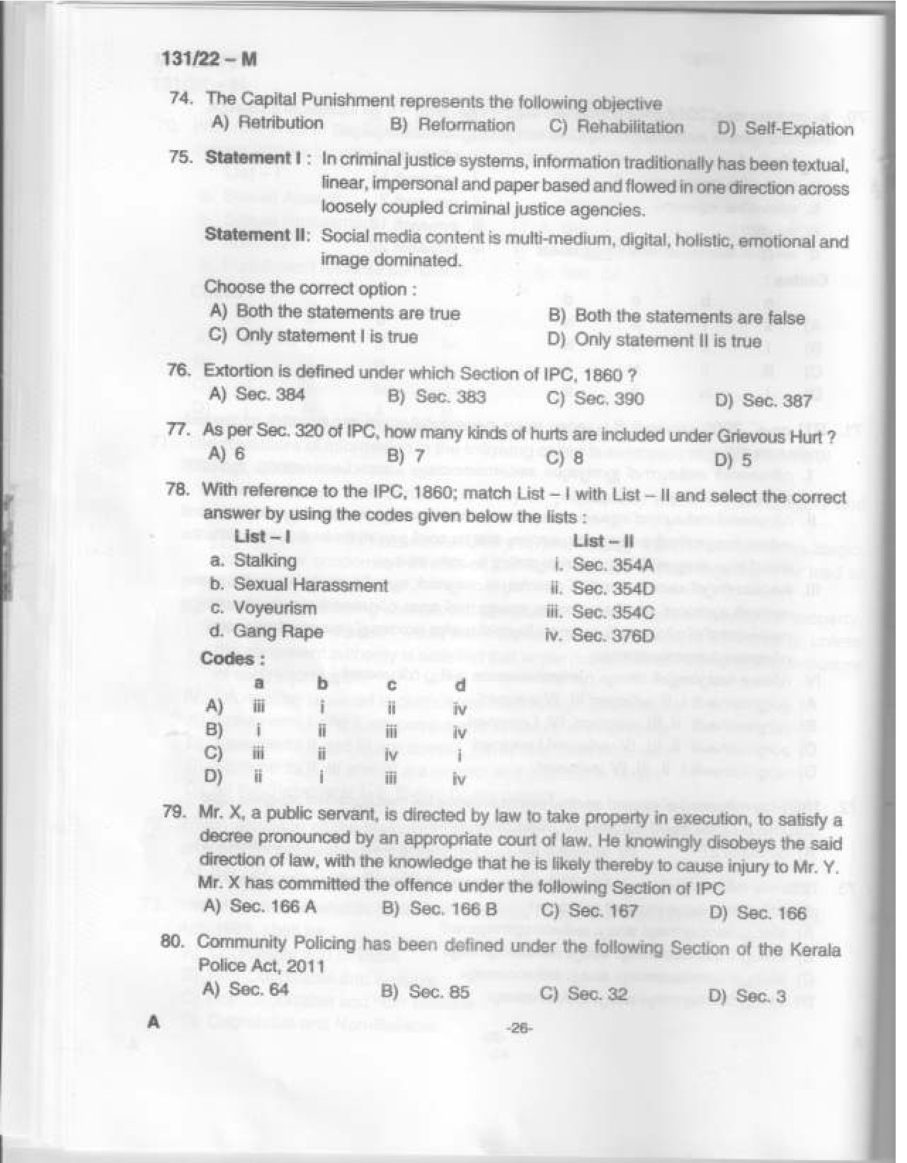 KPSC Assistant Degree Level Main Examination Malayalam 2022 Code 1312022 27