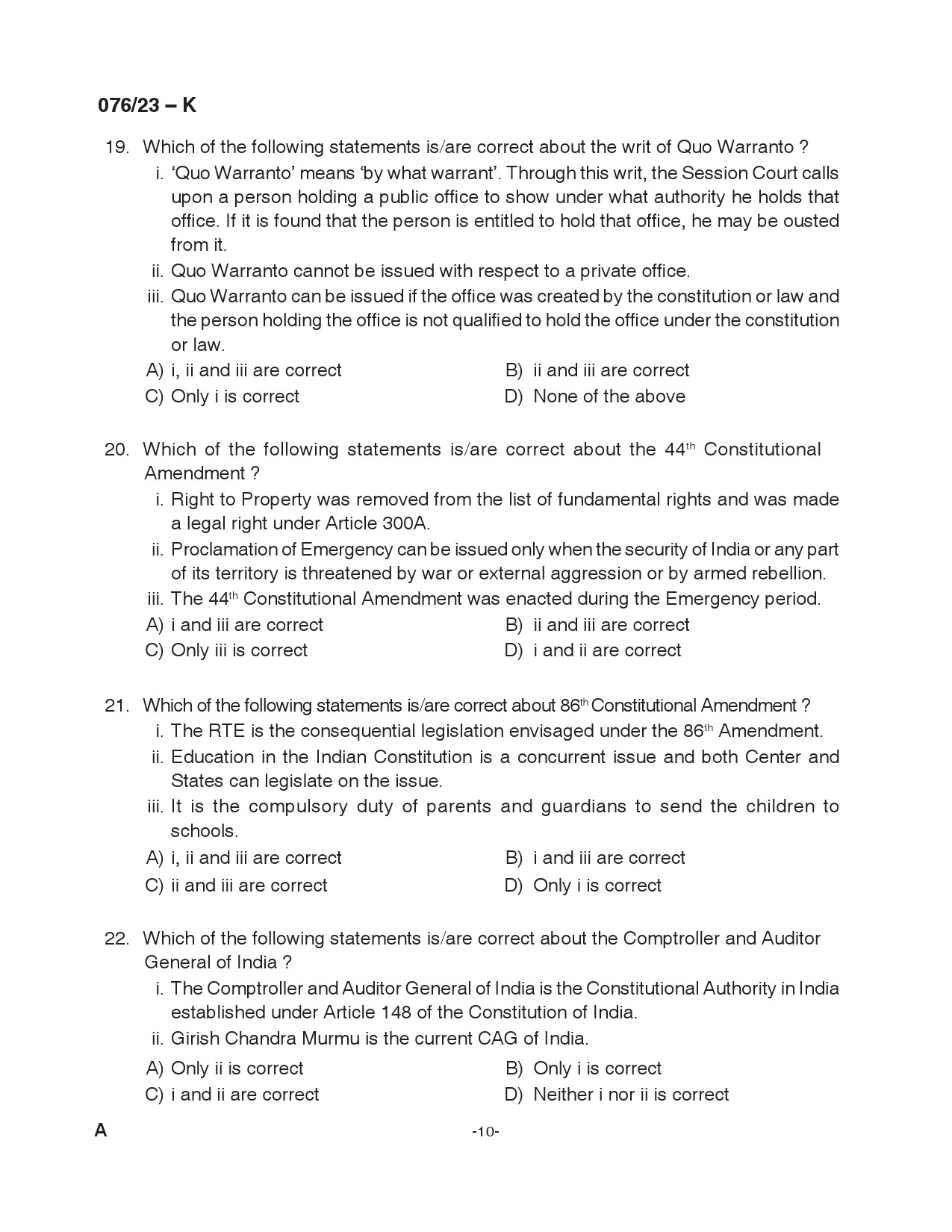 KPSC Assistant Grade II Kannada Exam 2023 Code 0762023 K 10