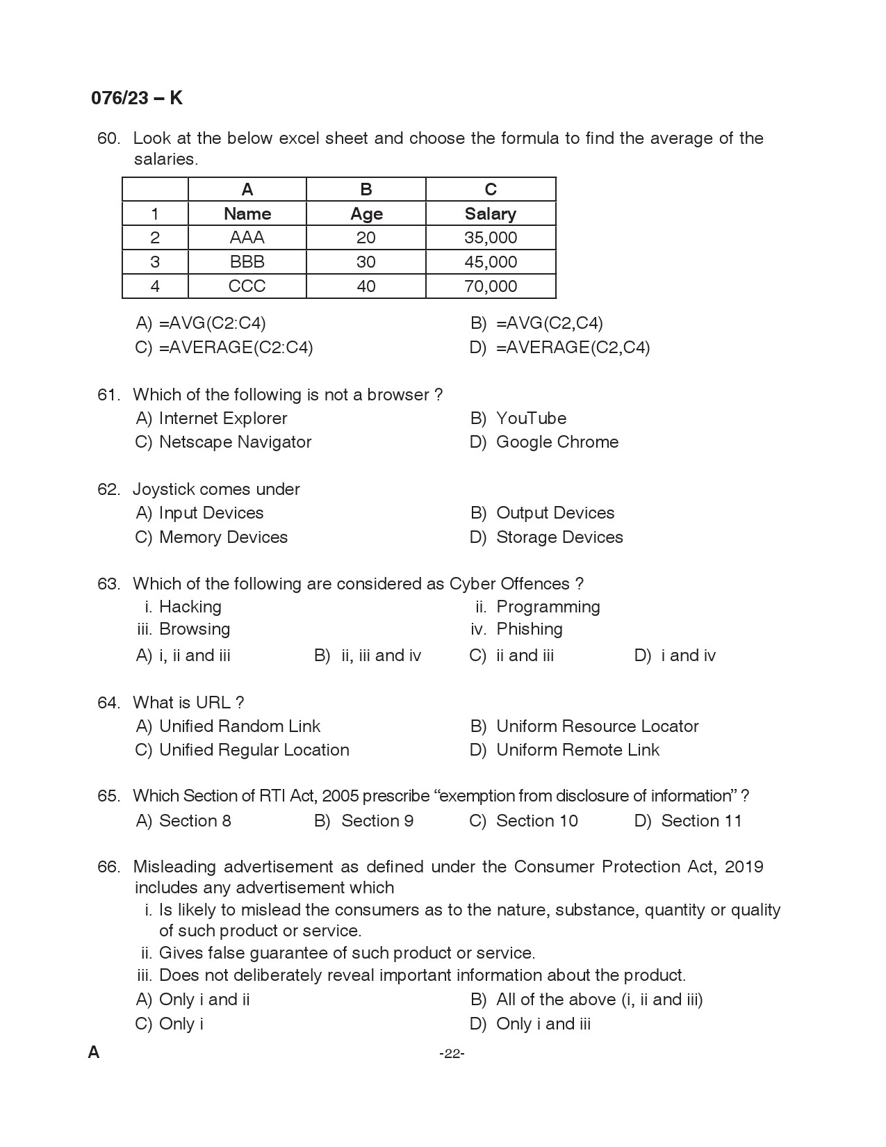 KPSC Assistant Grade II Kannada Exam 2023 Code 0762023 K 22