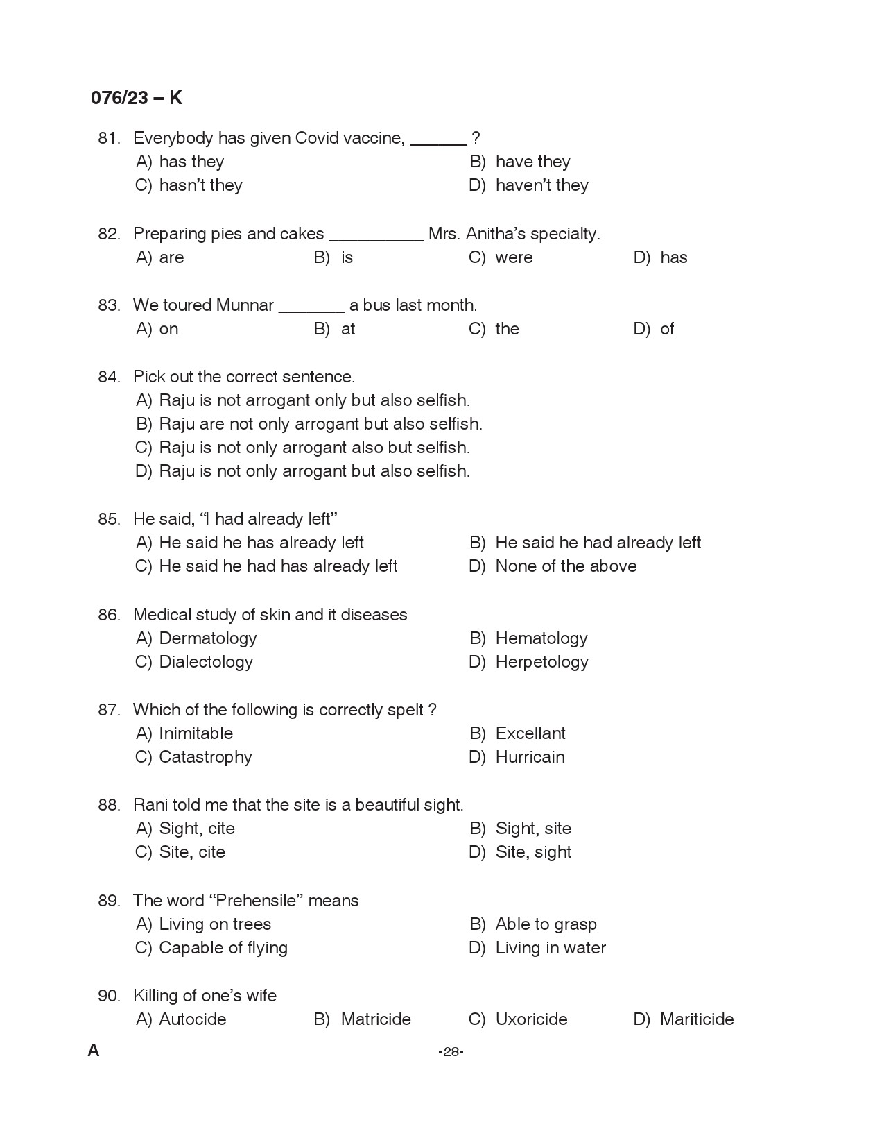 KPSC Assistant Grade II Kannada Exam 2023 Code 0762023 K 28