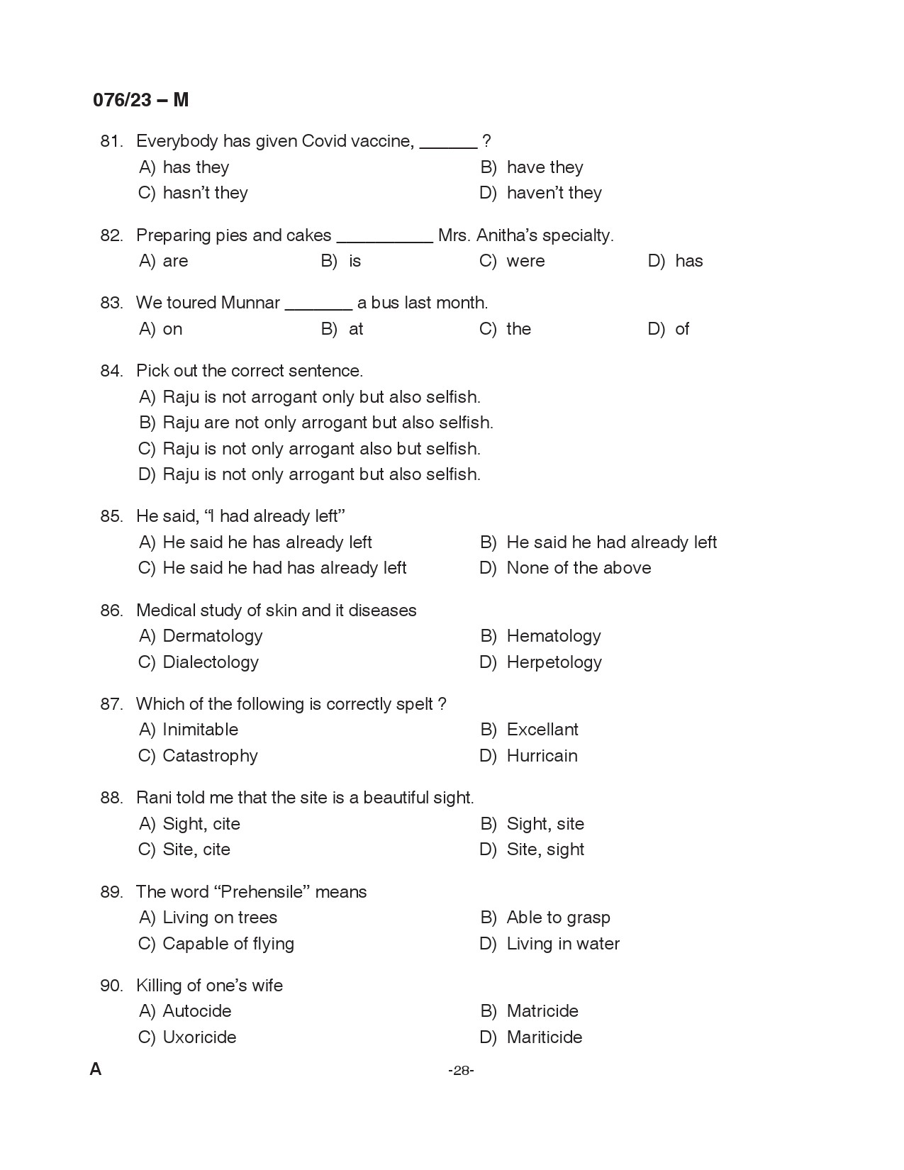 KPSC Assistant Grade II Malayalam Exam 2023 Code 0762023 M 28