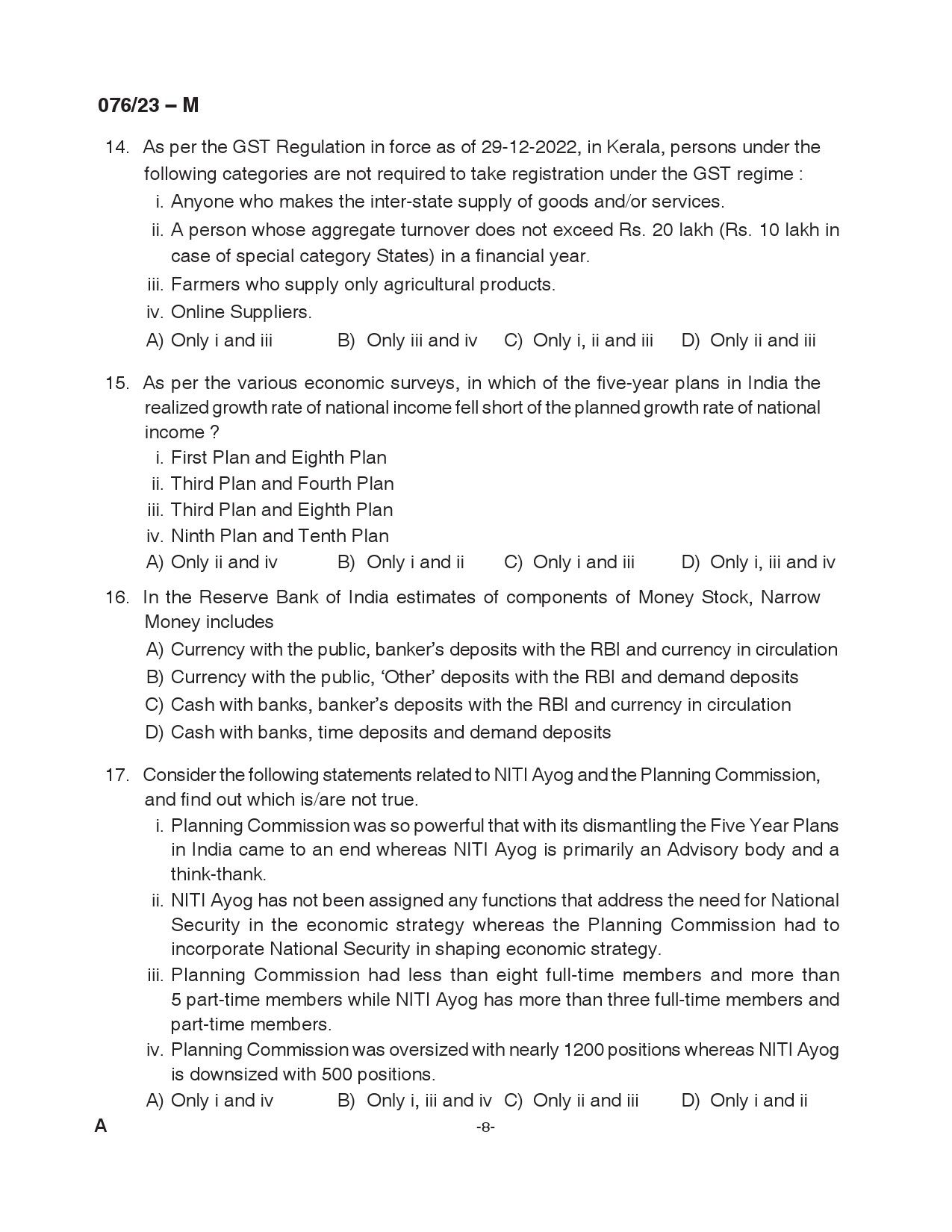 KPSC Assistant Grade II Malayalam Exam 2023 Code 0762023 M 8