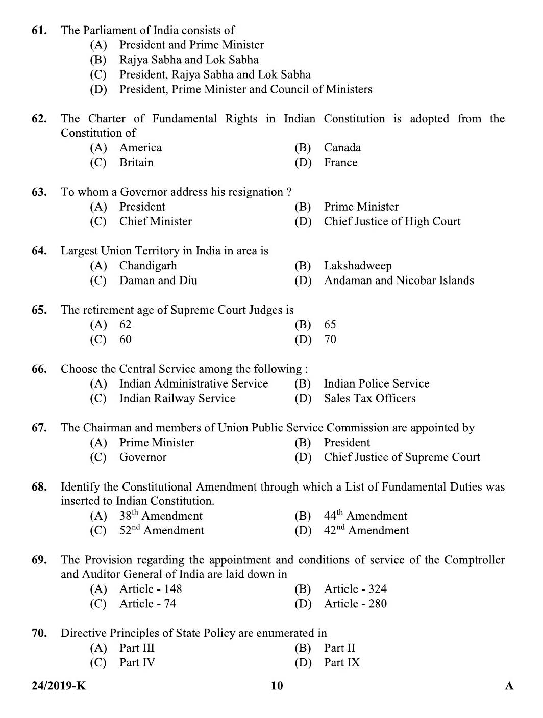 KPSC Assistant Universities of Kerala Exam 2019 Code 0242019 9