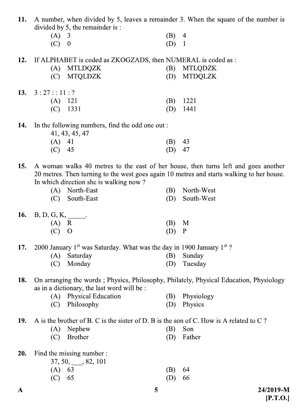 KPSC Assistant Universities of Kerala Malayalam Exam 2019 Code 0242019 M 4