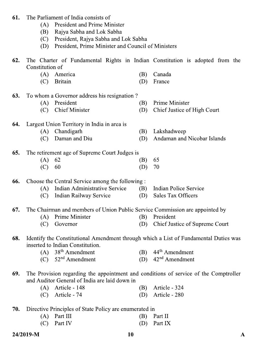 KPSC Assistant Universities of Kerala Malayalam Exam 2019 Code 0242019 M 9