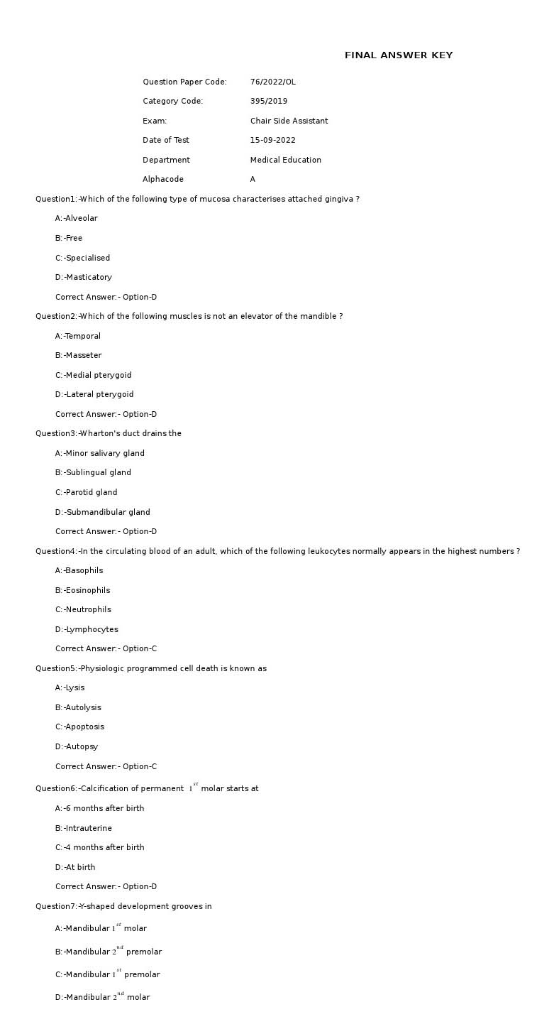 KPSC Chair Side Assistant Exam 2022 Code 762022OL 1