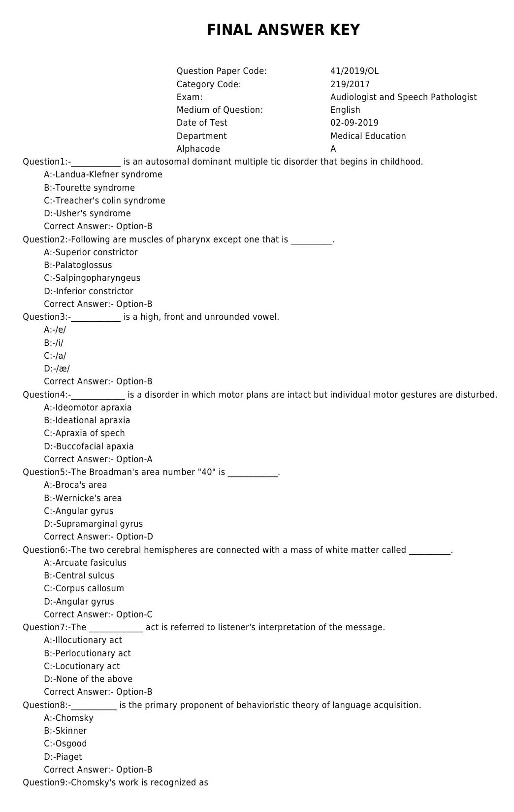 KPSC Audiologist and Speech Pathologist Exam 2019 Code 412019OL 1