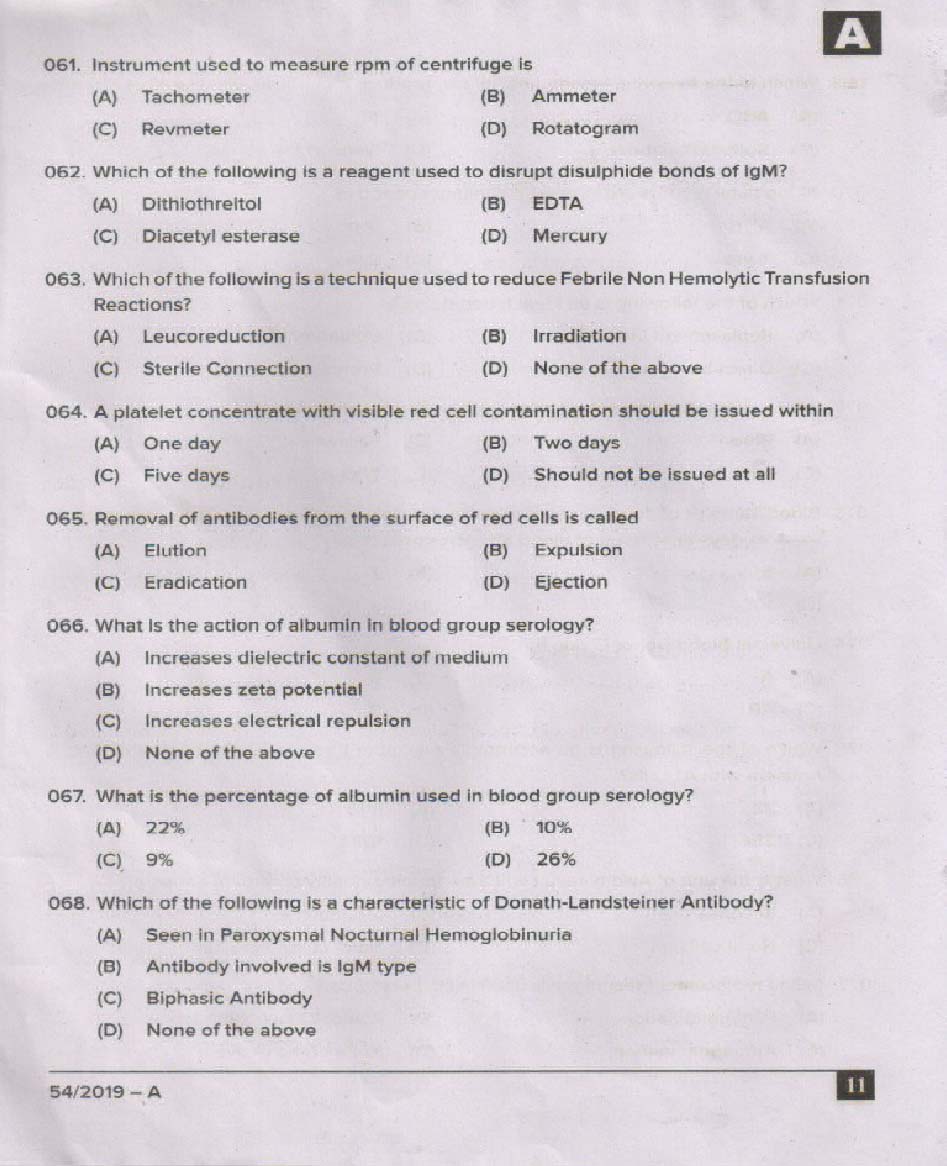 KPSC Blood Bank Technician Exam 2019 Code 0542019 10