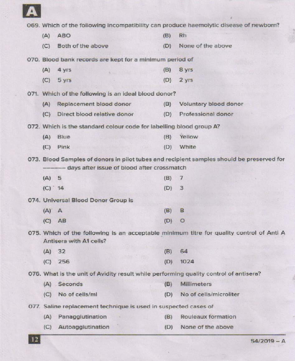 KPSC Blood Bank Technician Exam 2019 Code 0542019 11