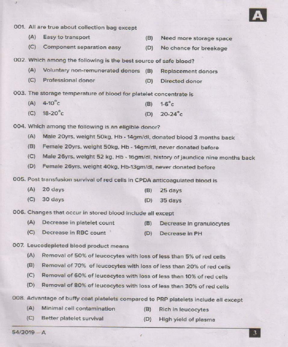 KPSC Blood Bank Technician Exam 2019 Code 0542019 2