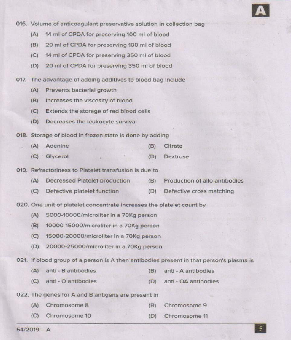 KPSC Blood Bank Technician Exam 2019 Code 0542019 4