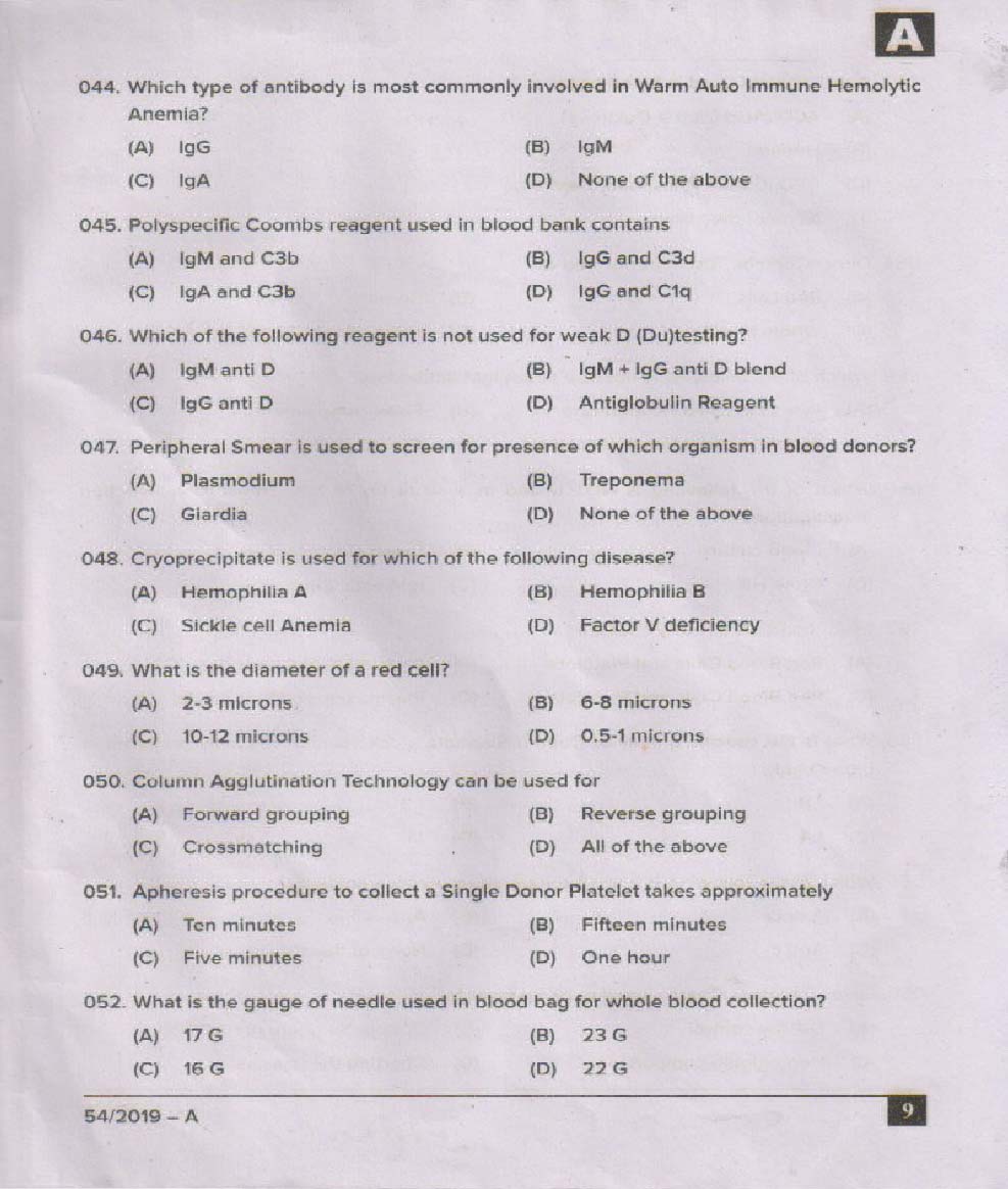 KPSC Blood Bank Technician Exam 2019 Code 0542019 8