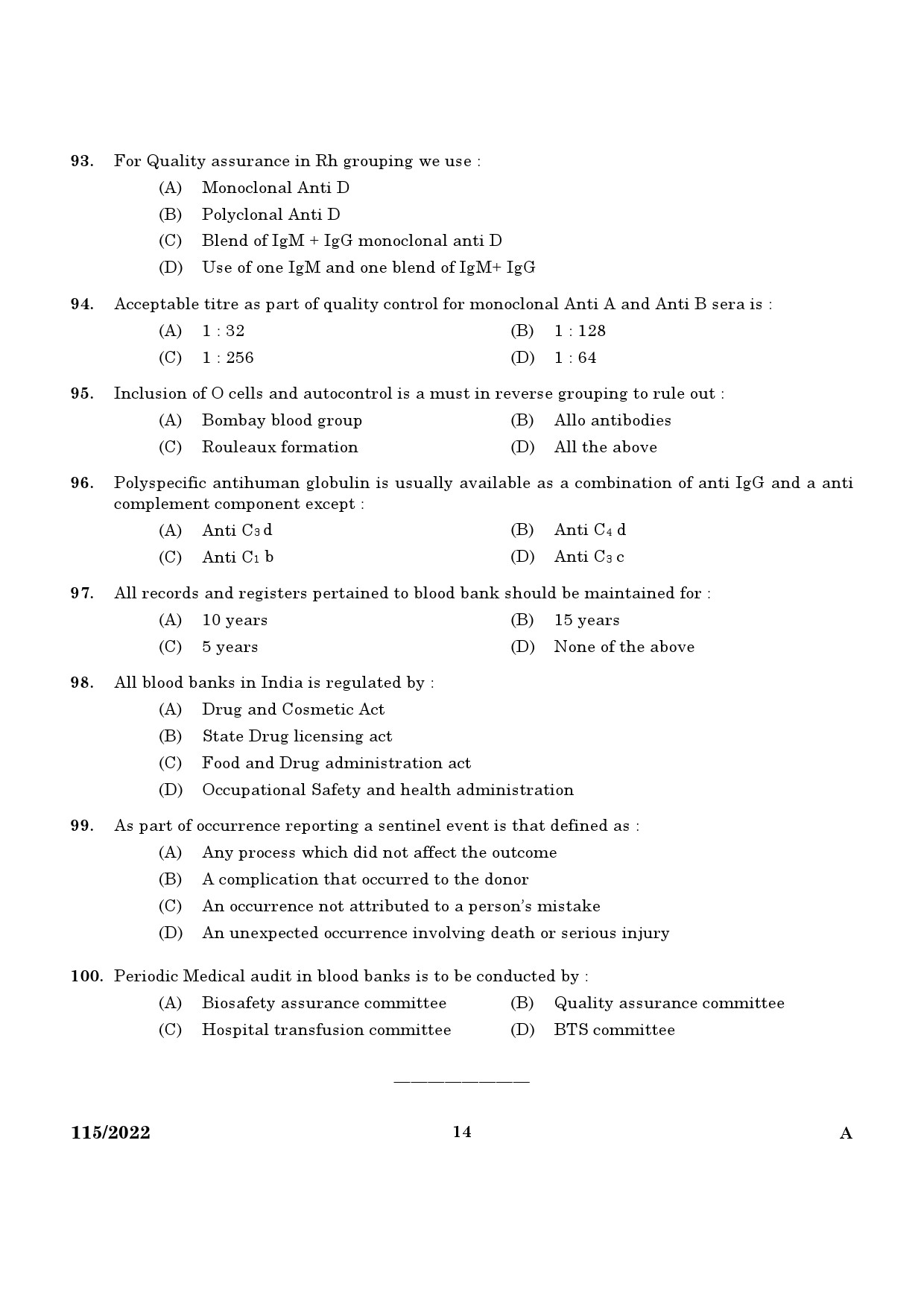 KPSC Blood Bank Technician Exam 2022 Code 1152022 12