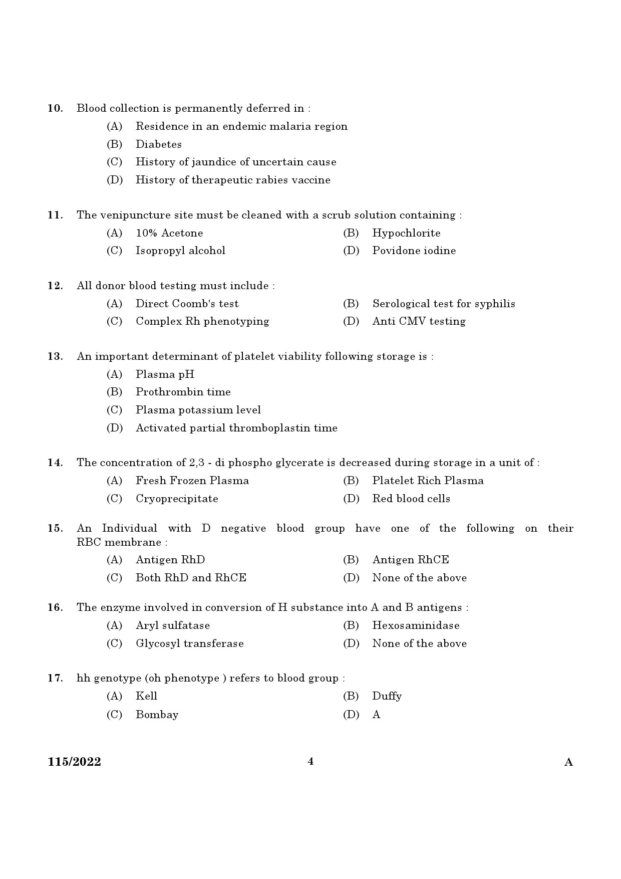 KPSC Blood Bank Technician Exam 2022 Code 1152022 2