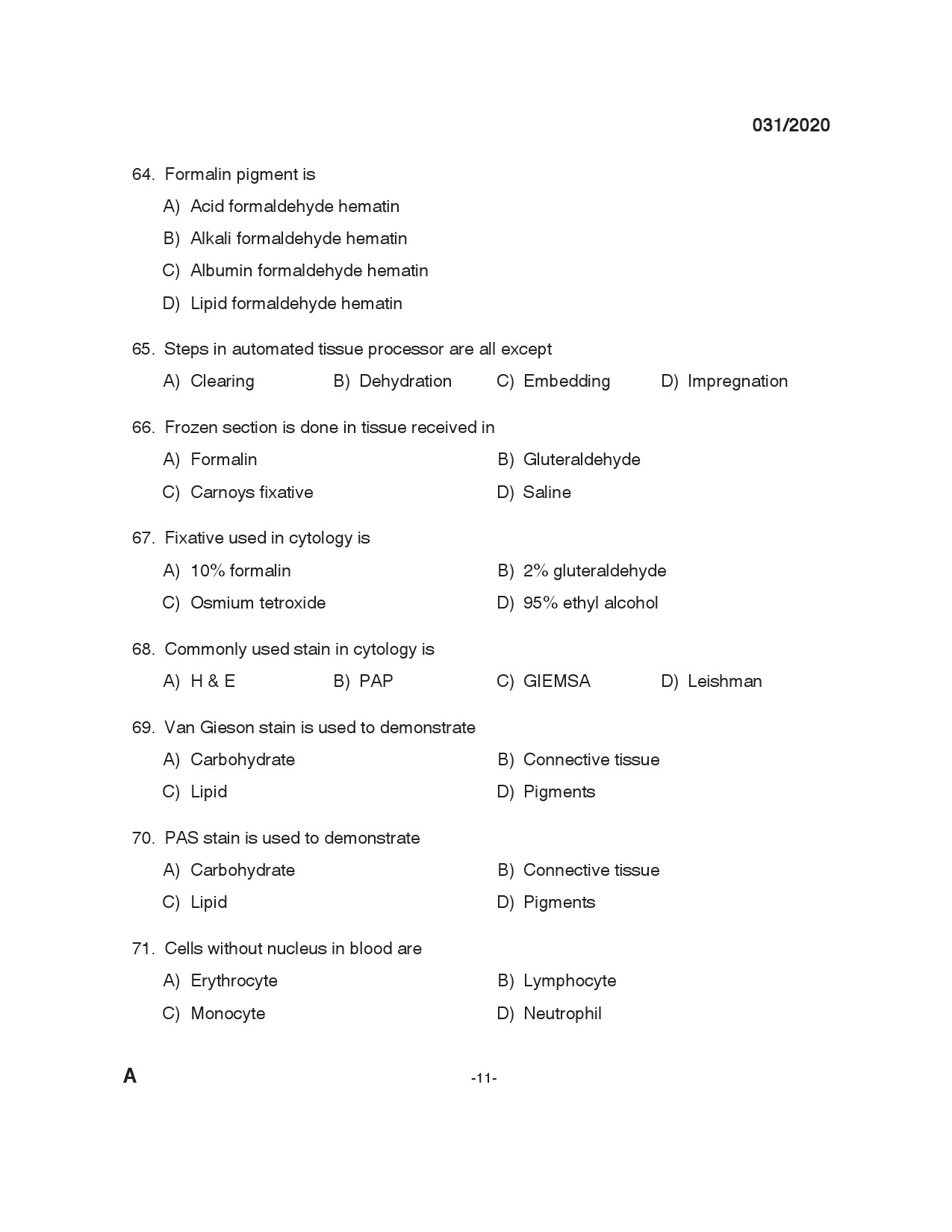 KPSC Blood Bank technician Grade II Exam 2020 Code 0312020 10