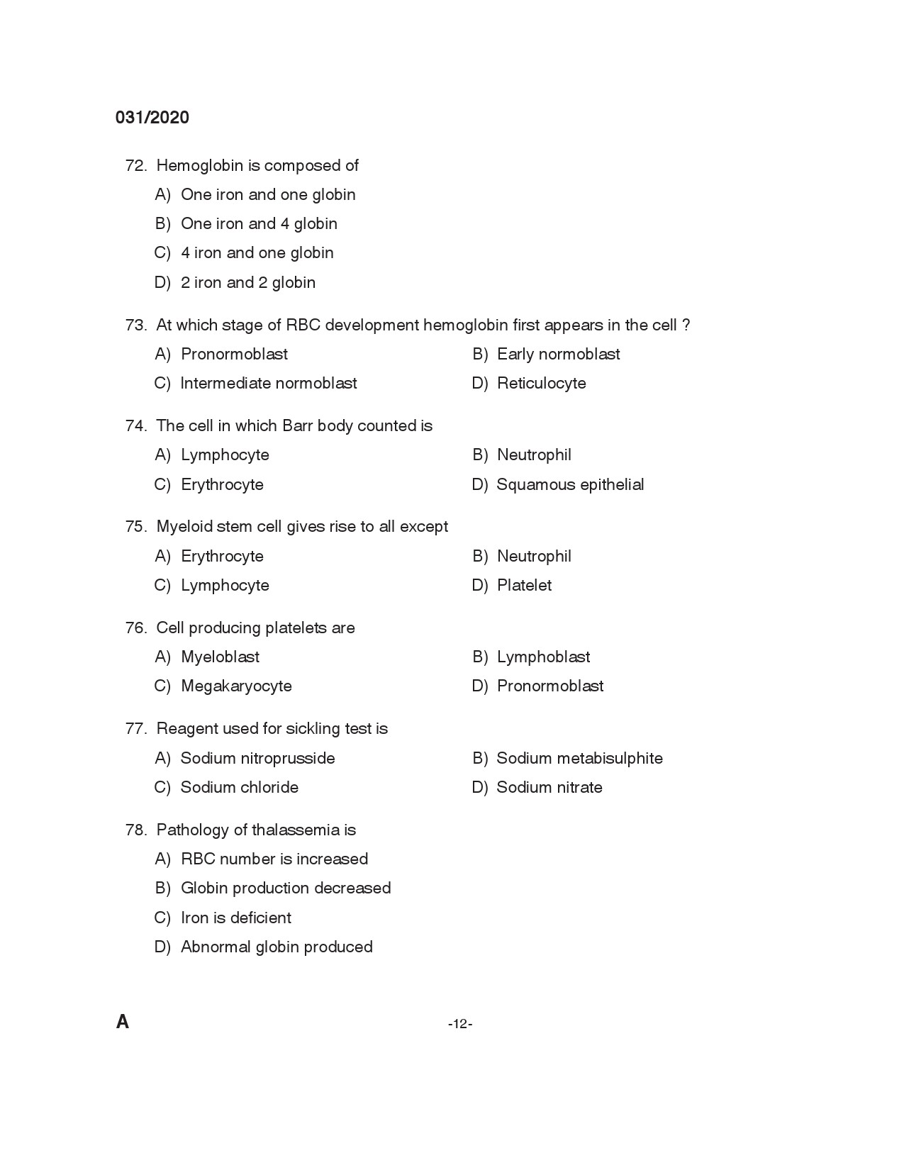 KPSC Blood Bank technician Grade II Exam 2020 Code 0312020 11