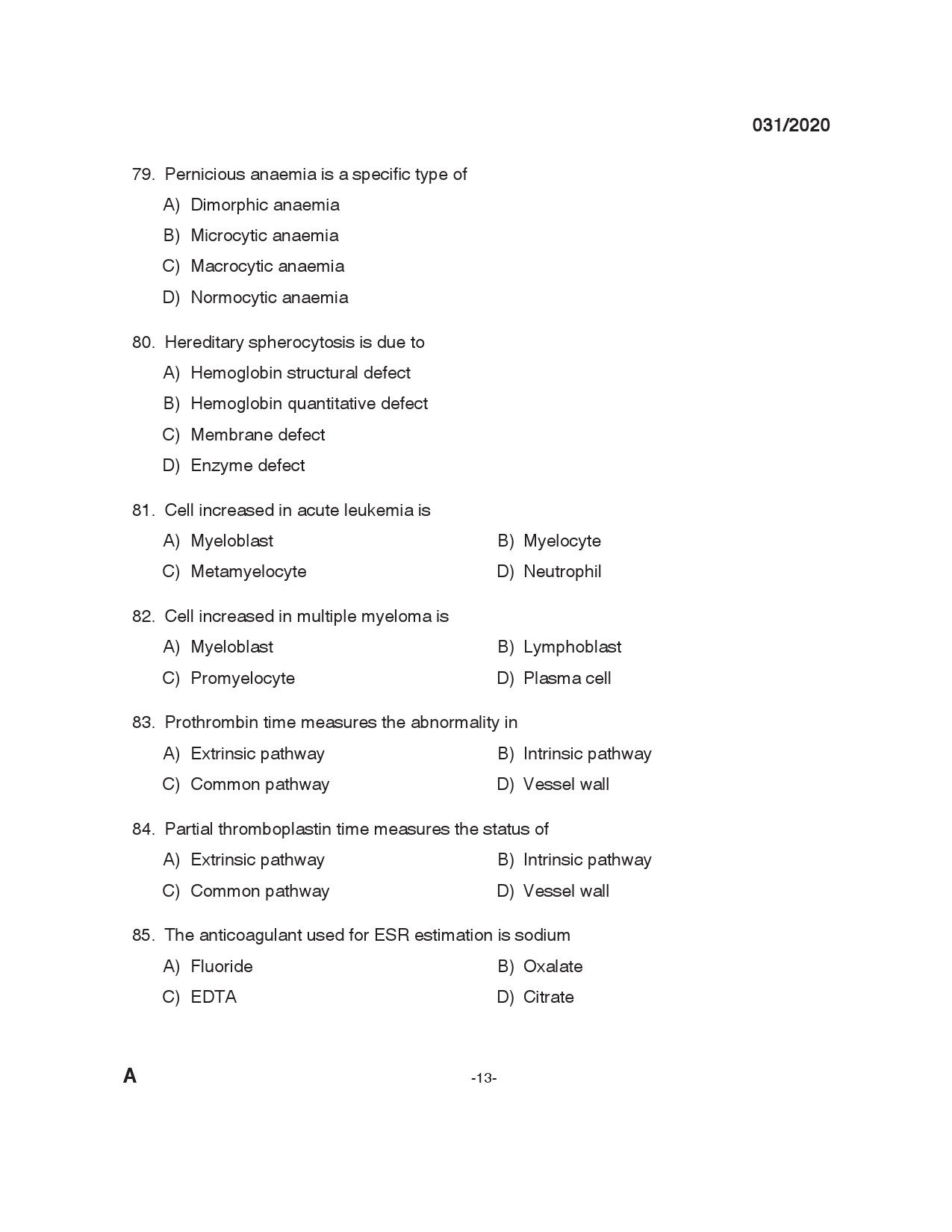 KPSC Blood Bank technician Grade II Exam 2020 Code 0312020 12