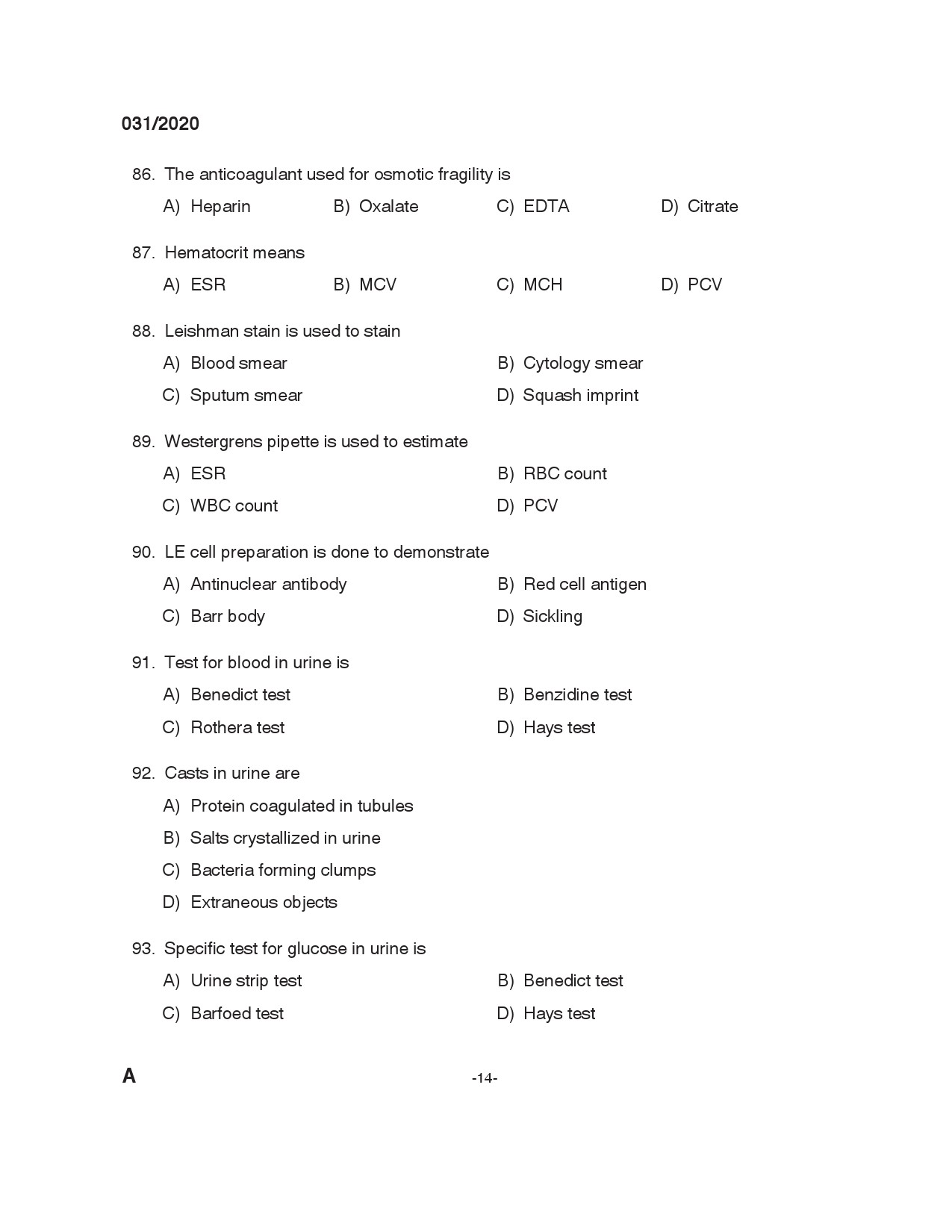 KPSC Blood Bank technician Grade II Exam 2020 Code 0312020 13