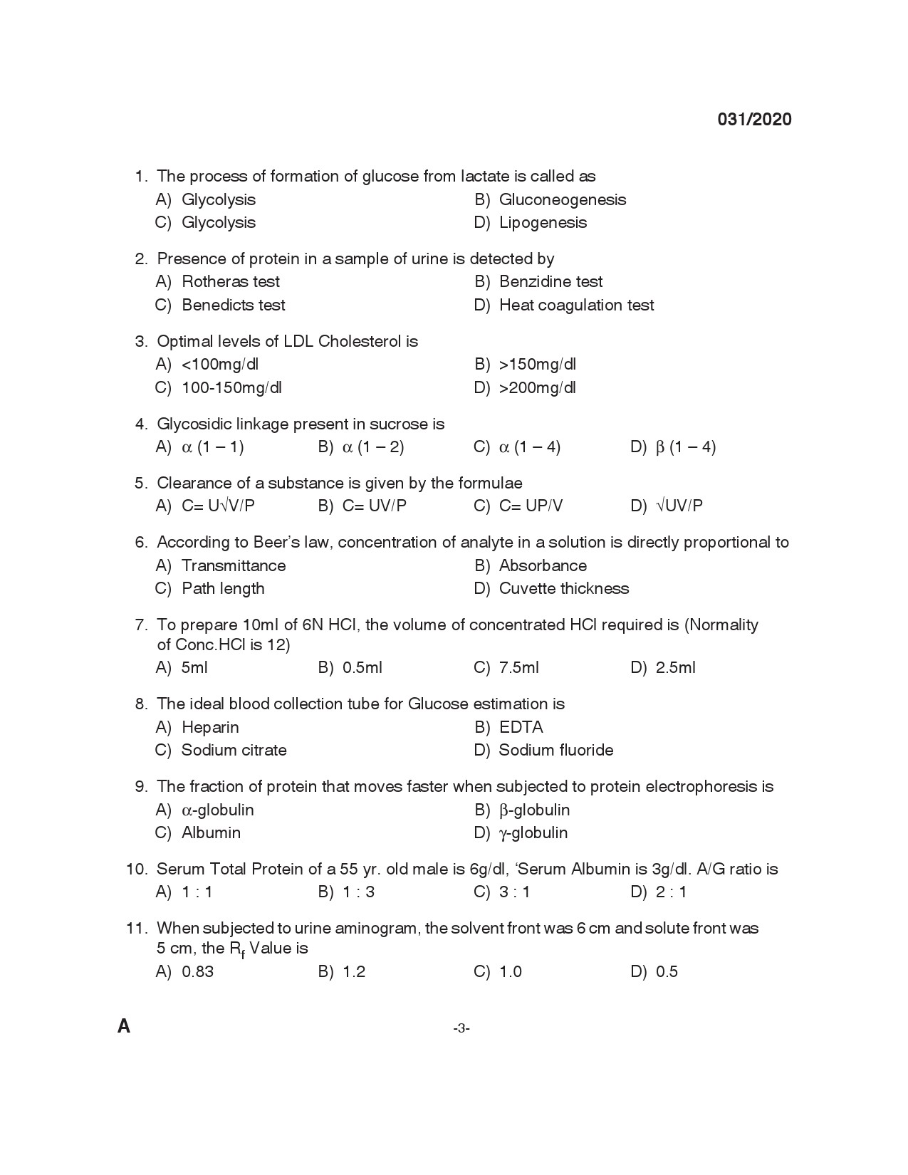 KPSC Blood Bank technician Grade II Exam 2020 Code 0312020 2