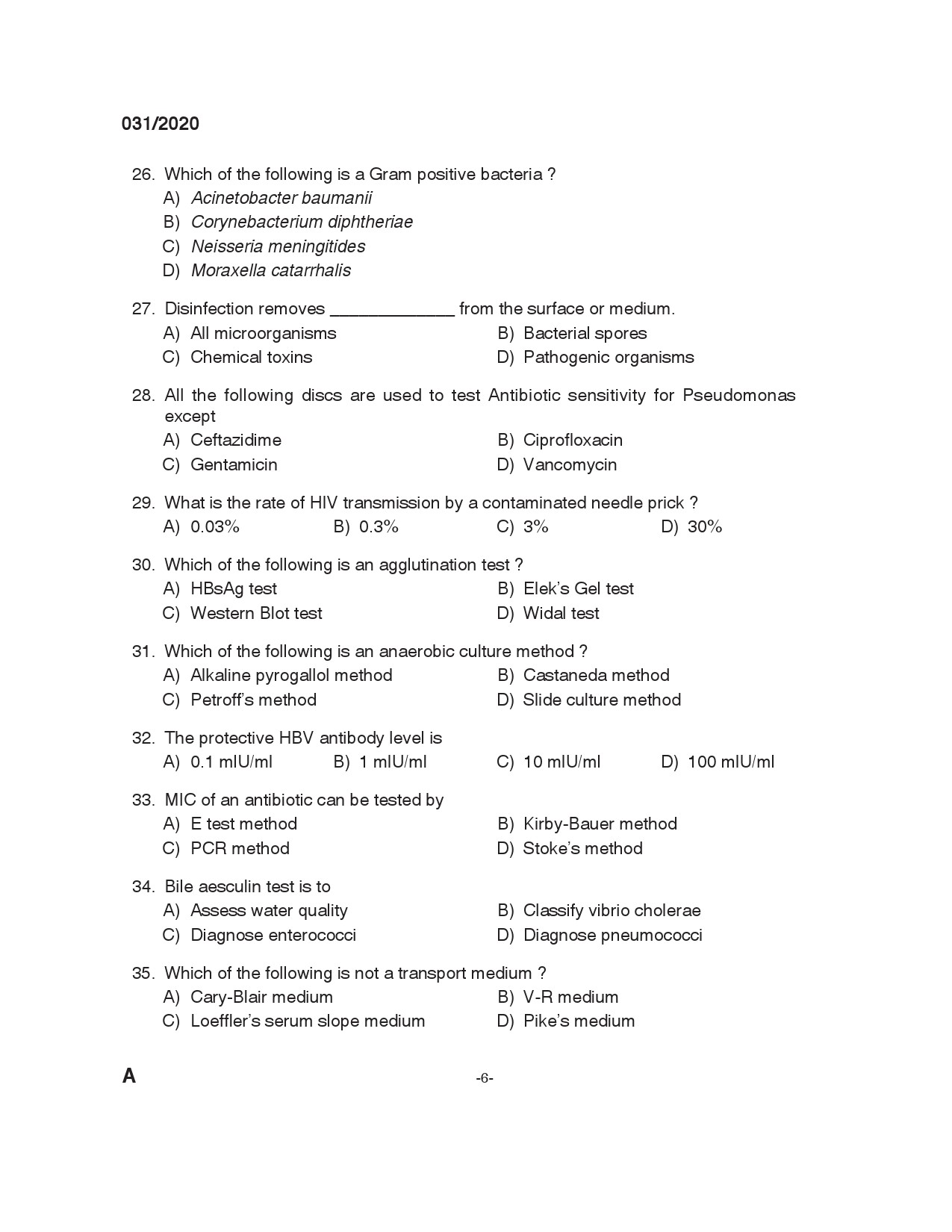 KPSC Blood Bank technician Grade II Exam 2020 Code 0312020 5