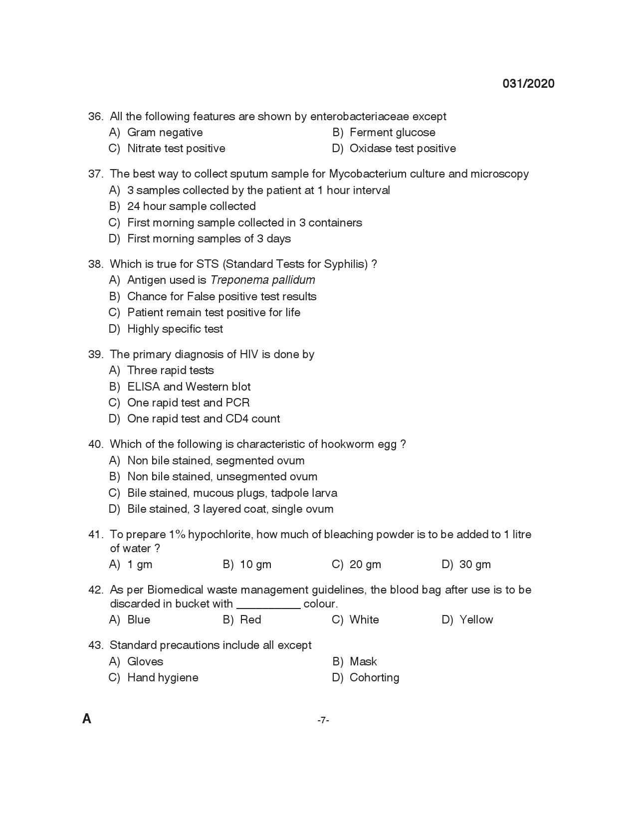 KPSC Blood Bank technician Grade II Exam 2020 Code 0312020 6