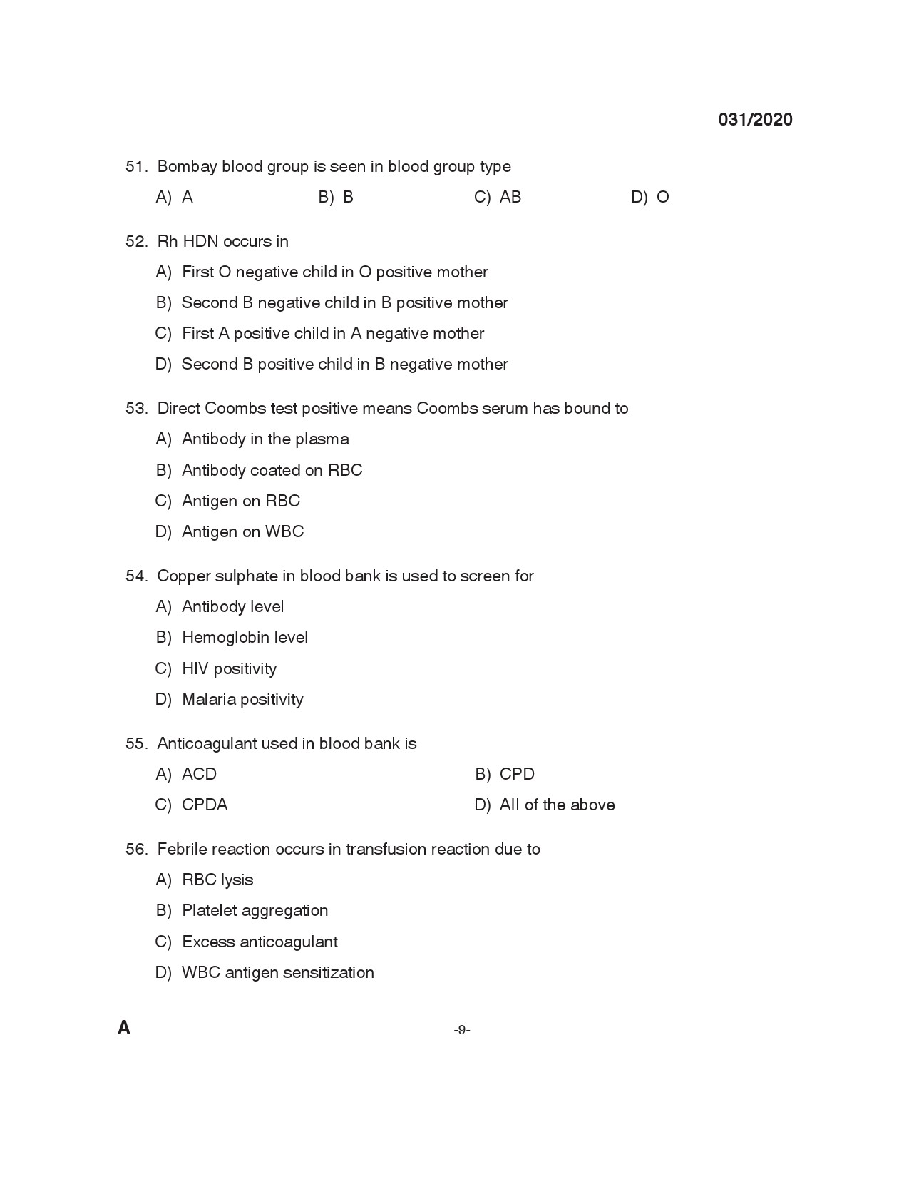 KPSC Blood Bank technician Grade II Exam 2020 Code 0312020 8