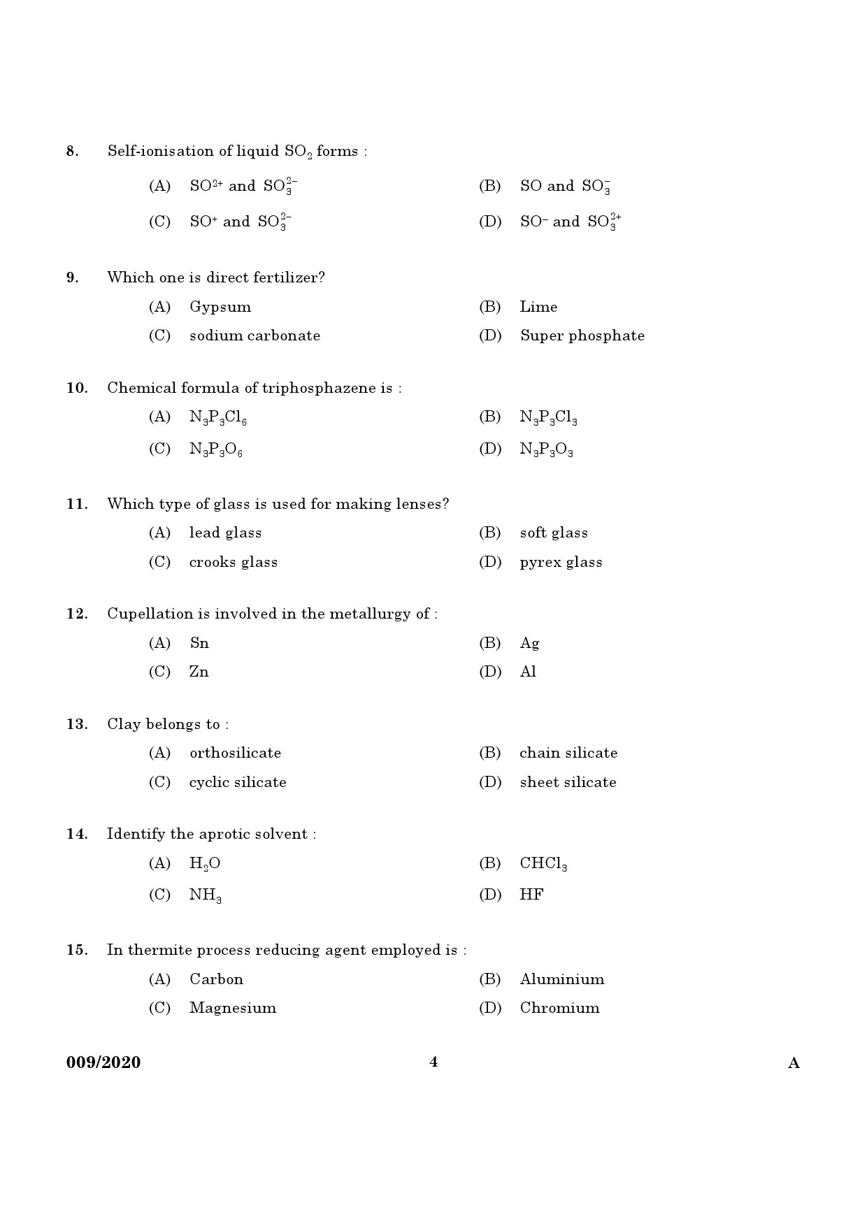 KPSC Chemist In Factories and Boilers Exam 2020 Code 0092020 2