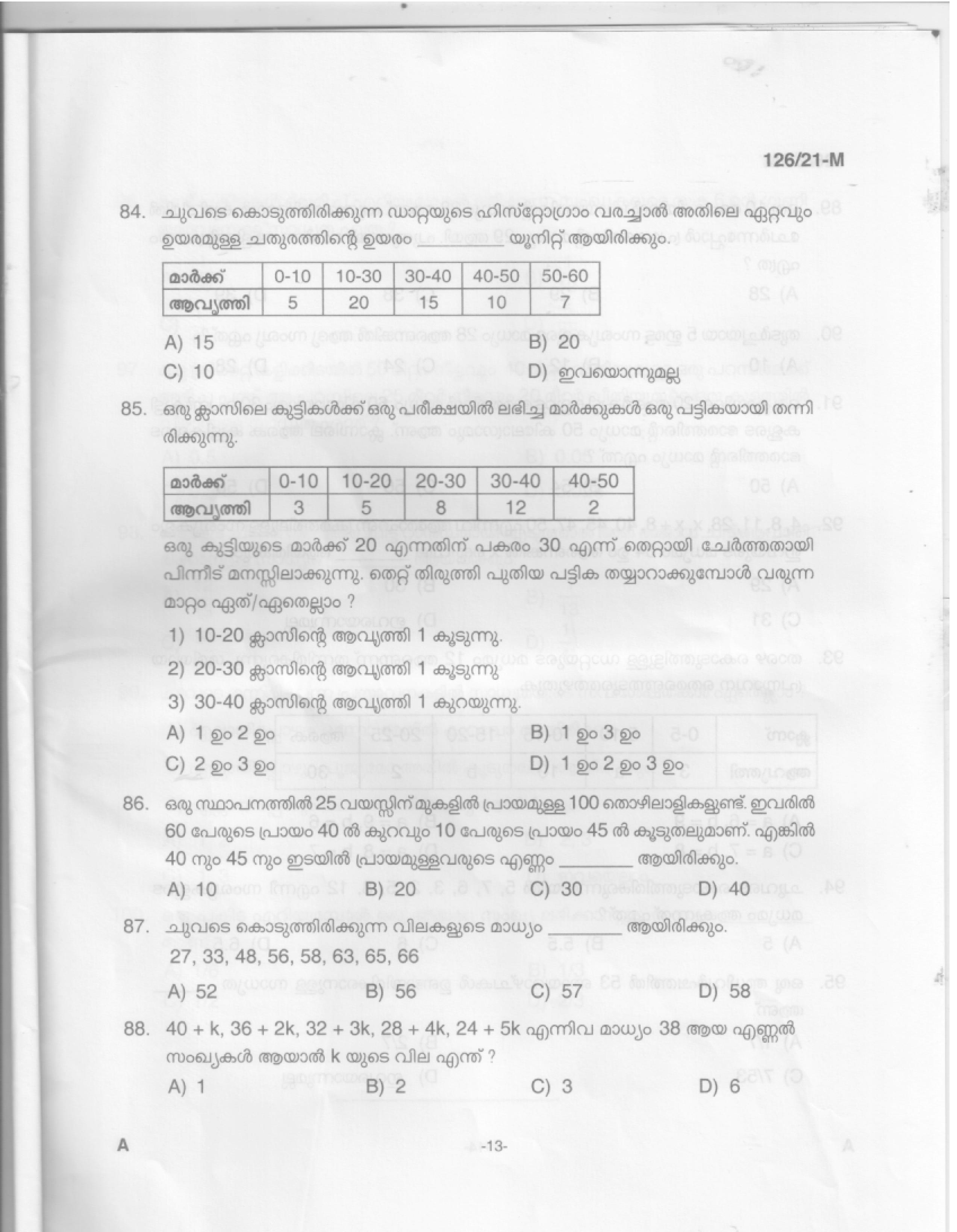 Upto SSLC Level Main Exam Assistant Compiler Malayalam Exam 2021 Code 1262021 M 11