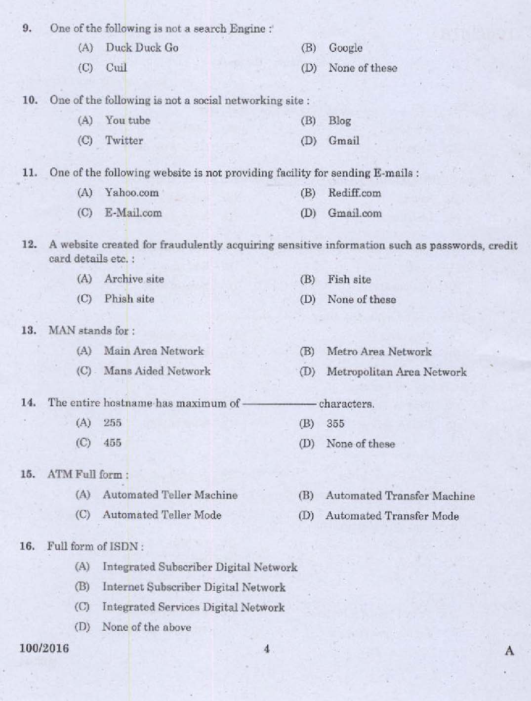 KPSC Data Entry Operator Exam 2016 Code 1002016 2