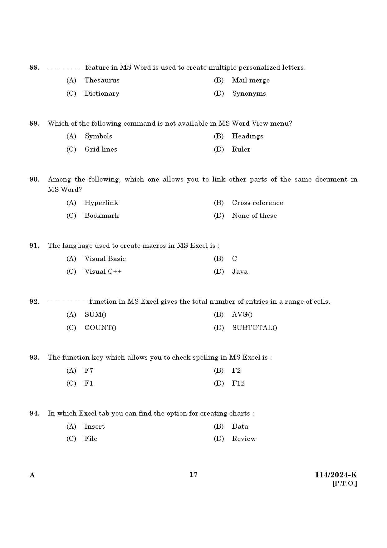 KPSC Data Entry Operator Kannada Exam 2024 Code 1142024 K 15