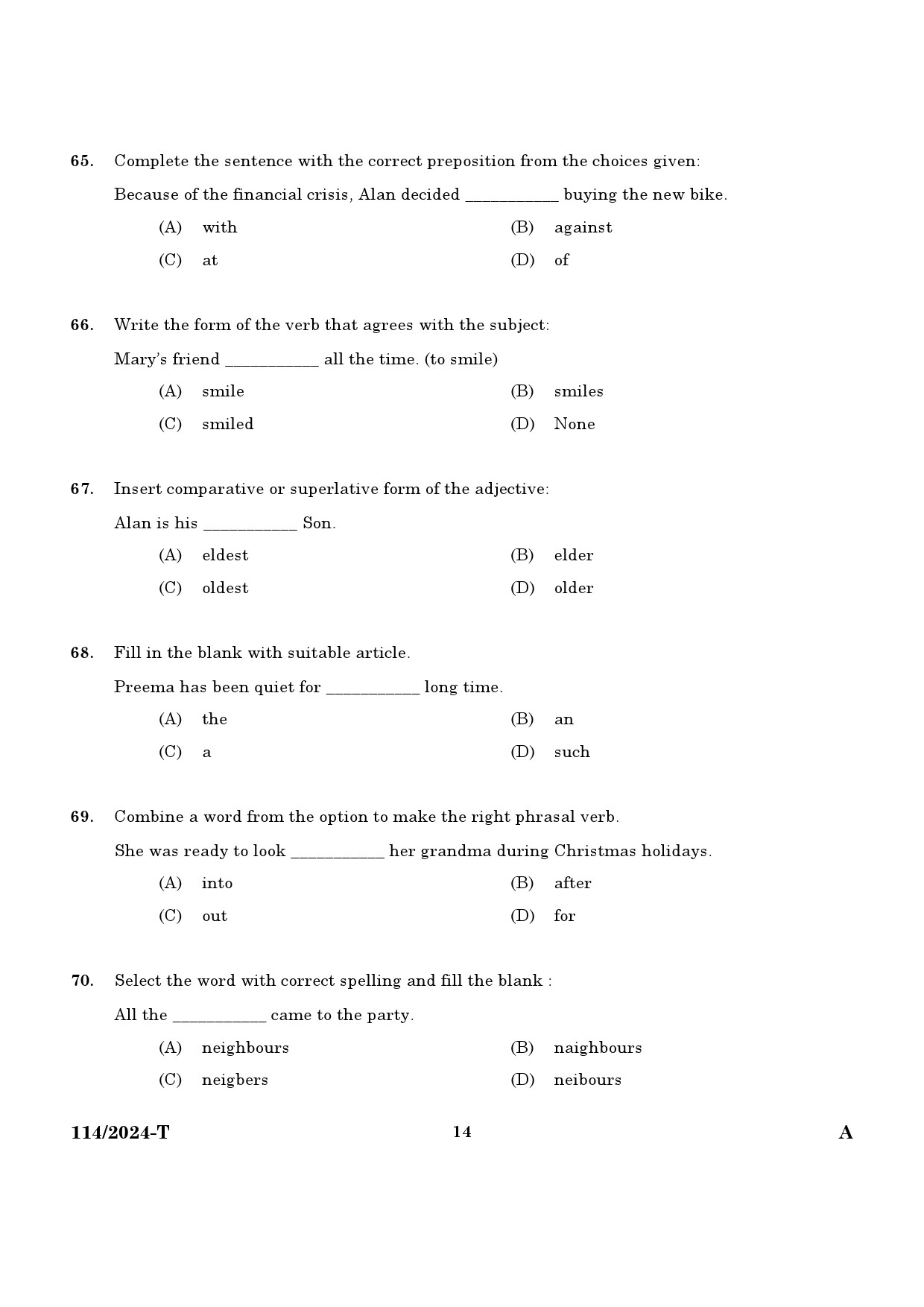 KPSC Data Entry Operator Tamil Exam 2024 Code 1142024 T 12