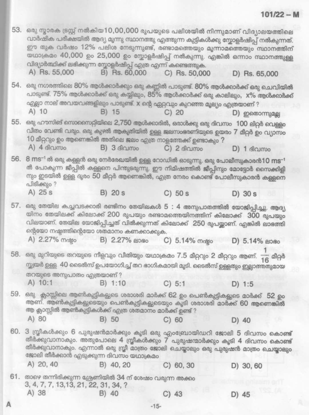 KPSC Common Preliminary Exam 2022 Graduate Level Stage I Malayalam 14