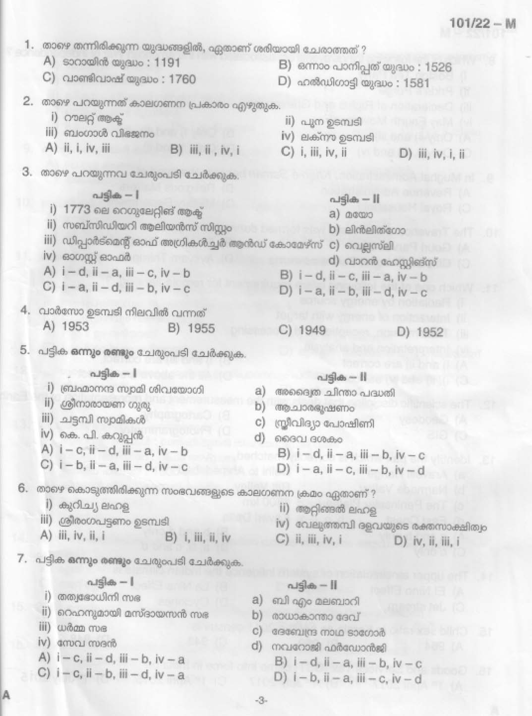 KPSC Common Preliminary Exam 2022 Graduate Level Stage I Malayalam 2