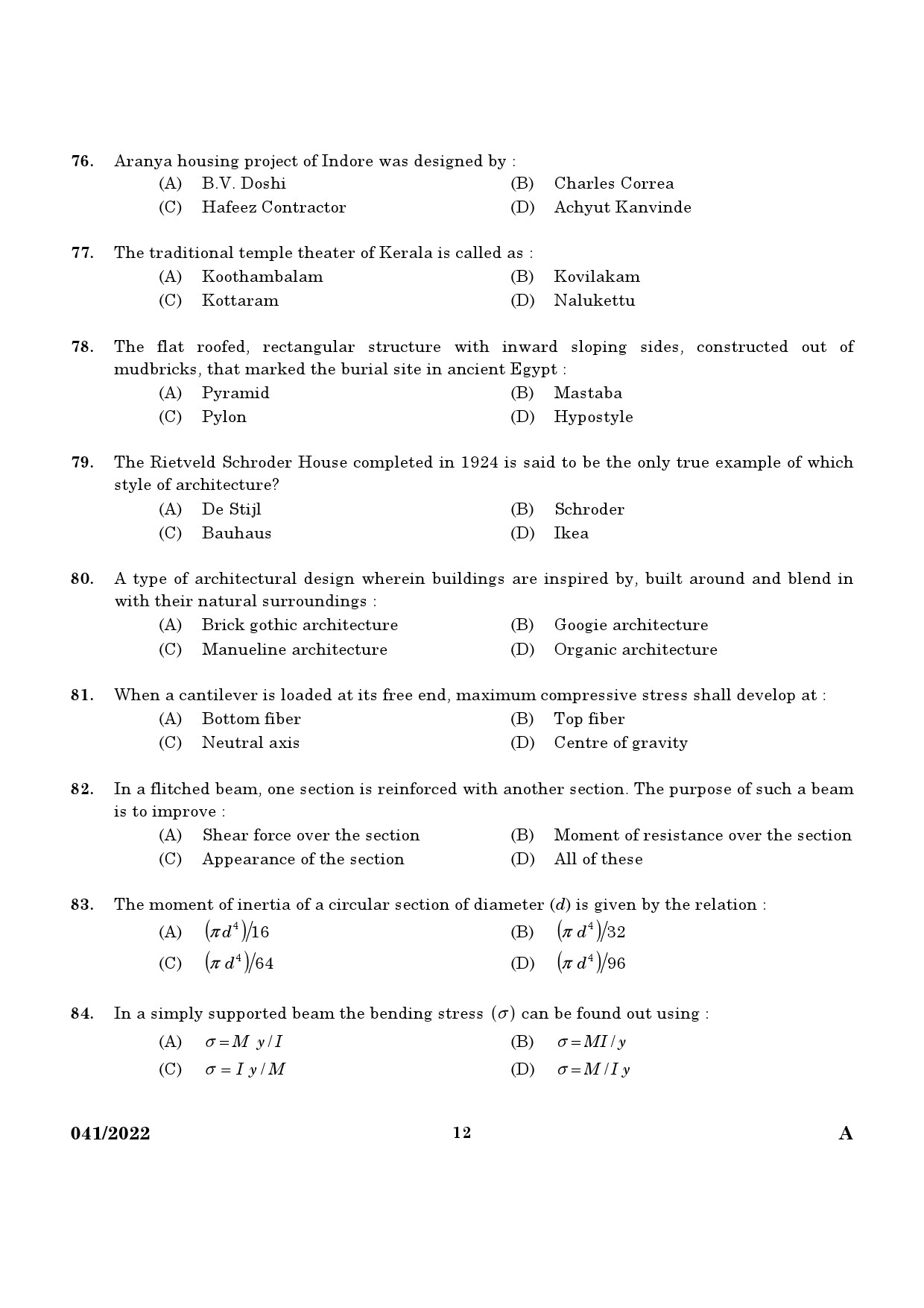 KPSC Architectural Draftsman Grade I Exam 2022 Code 0412022 10